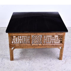 Antique Chinese Bamboo Square Coffee Table with Black-Lacquered Top, circa 1850