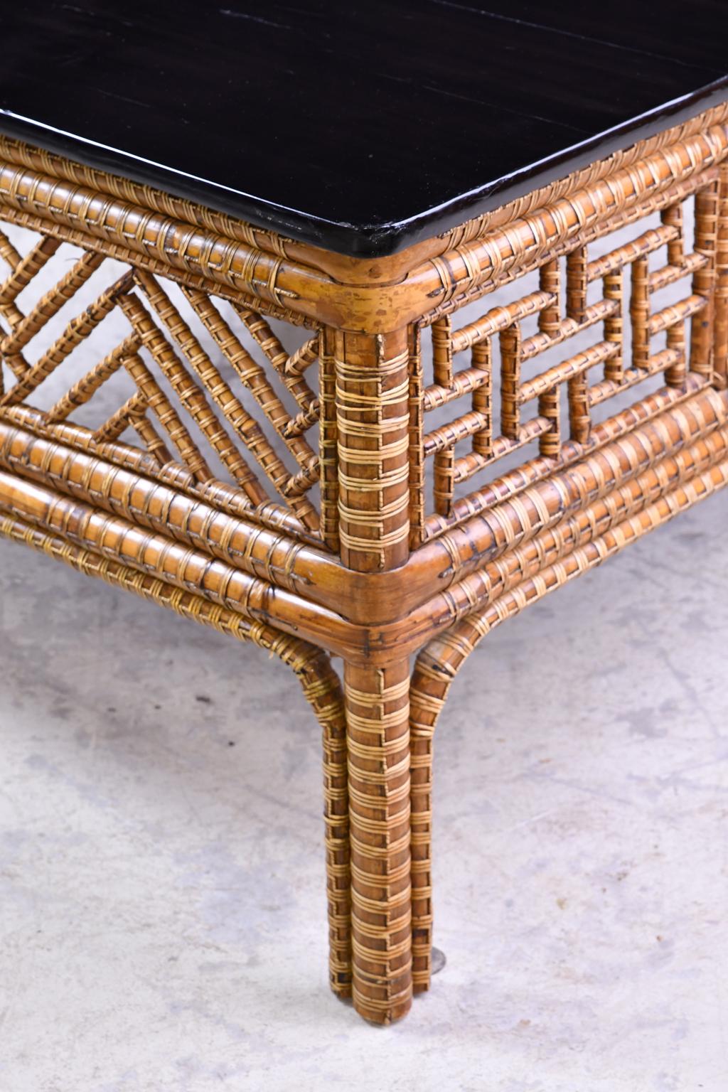 Antique Chinese Bamboo Square Coffee Table with Black-Lacquered Top, circa 1850 In Good Condition In Miami, FL