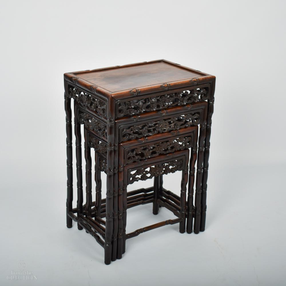 Hand-Carved Chinese Bamboo Style Nest of Tables circa 1900 For Sale
