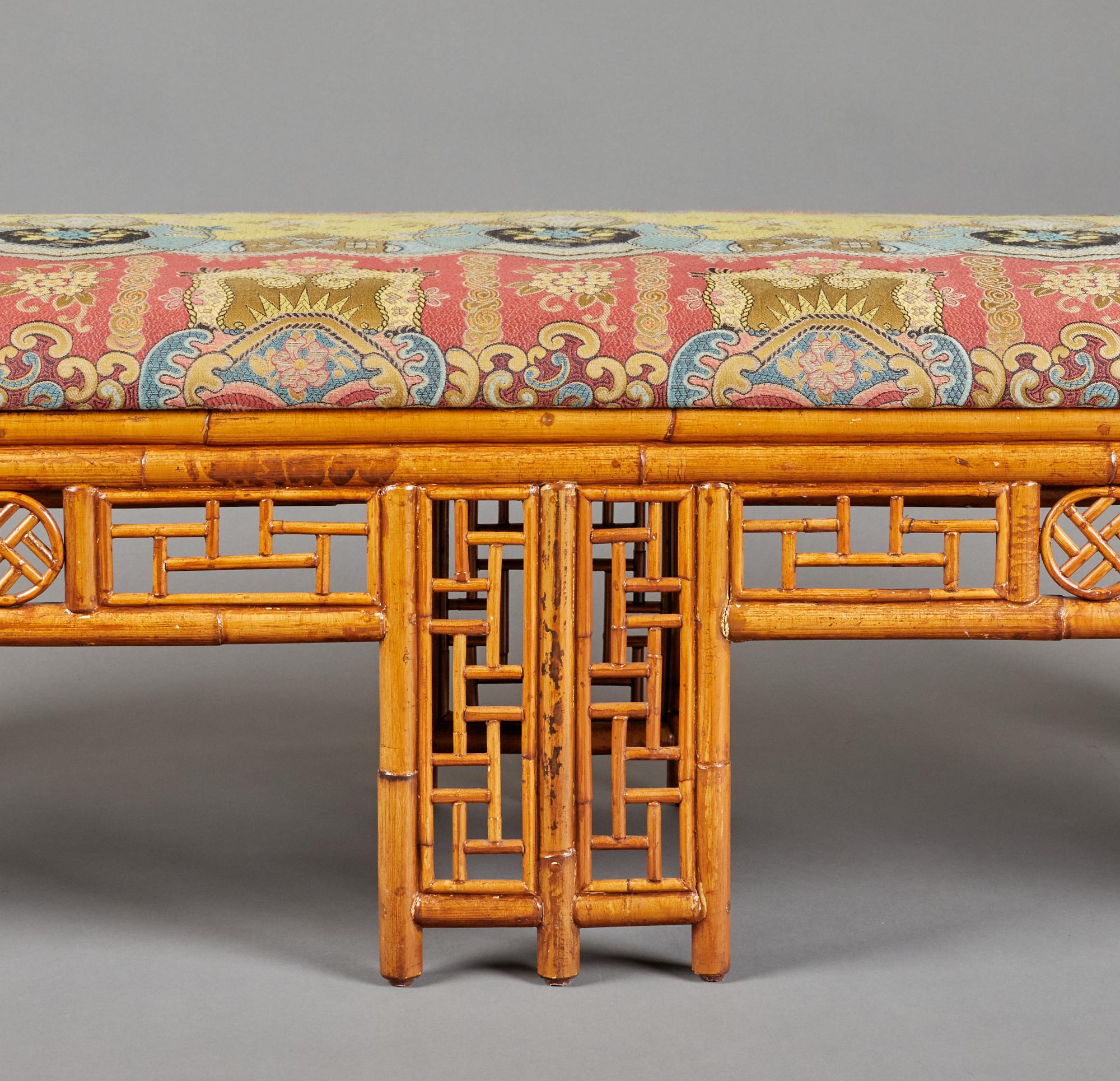 Chinese Bamboo Upholstered Bench In Good Condition For Sale In Hudson, NY