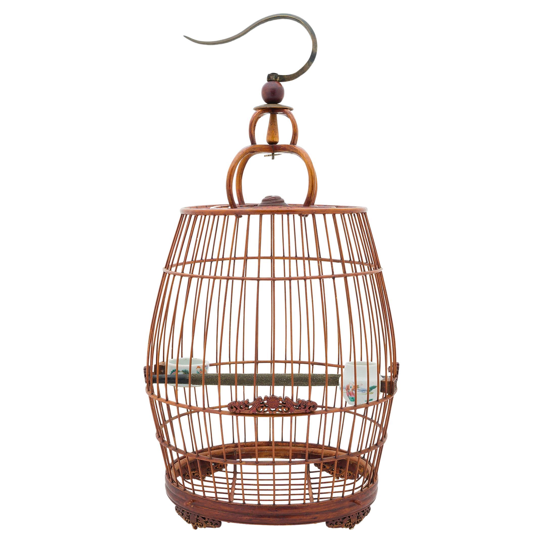 Antique Bamboo Hanging Bird Cage With Japanese Pottery Feeders Bamboo Home  Decor Bird Decor Bird Cage With Metal Hook for Hanging 