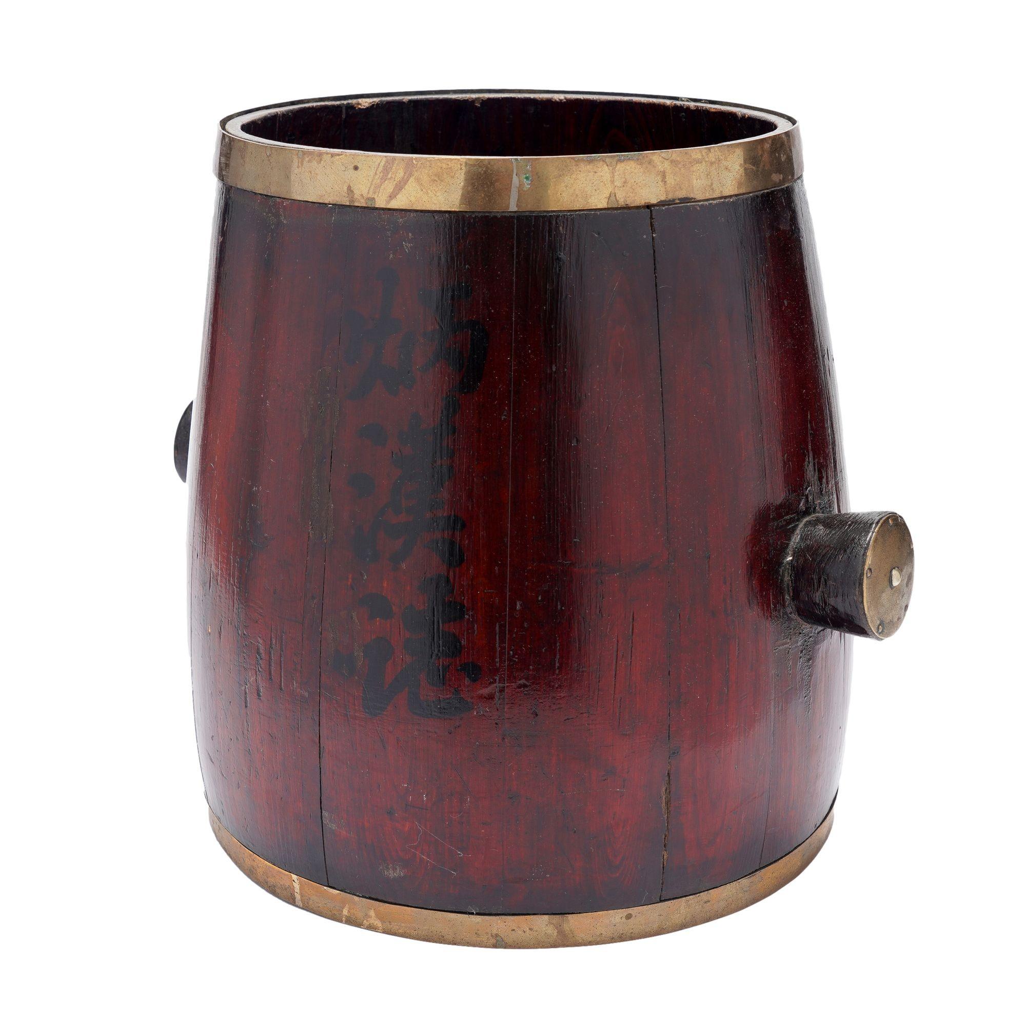 Early 20th Century Chinese barrel form brass bound stave constructed grain measure, c. 1915 For Sale