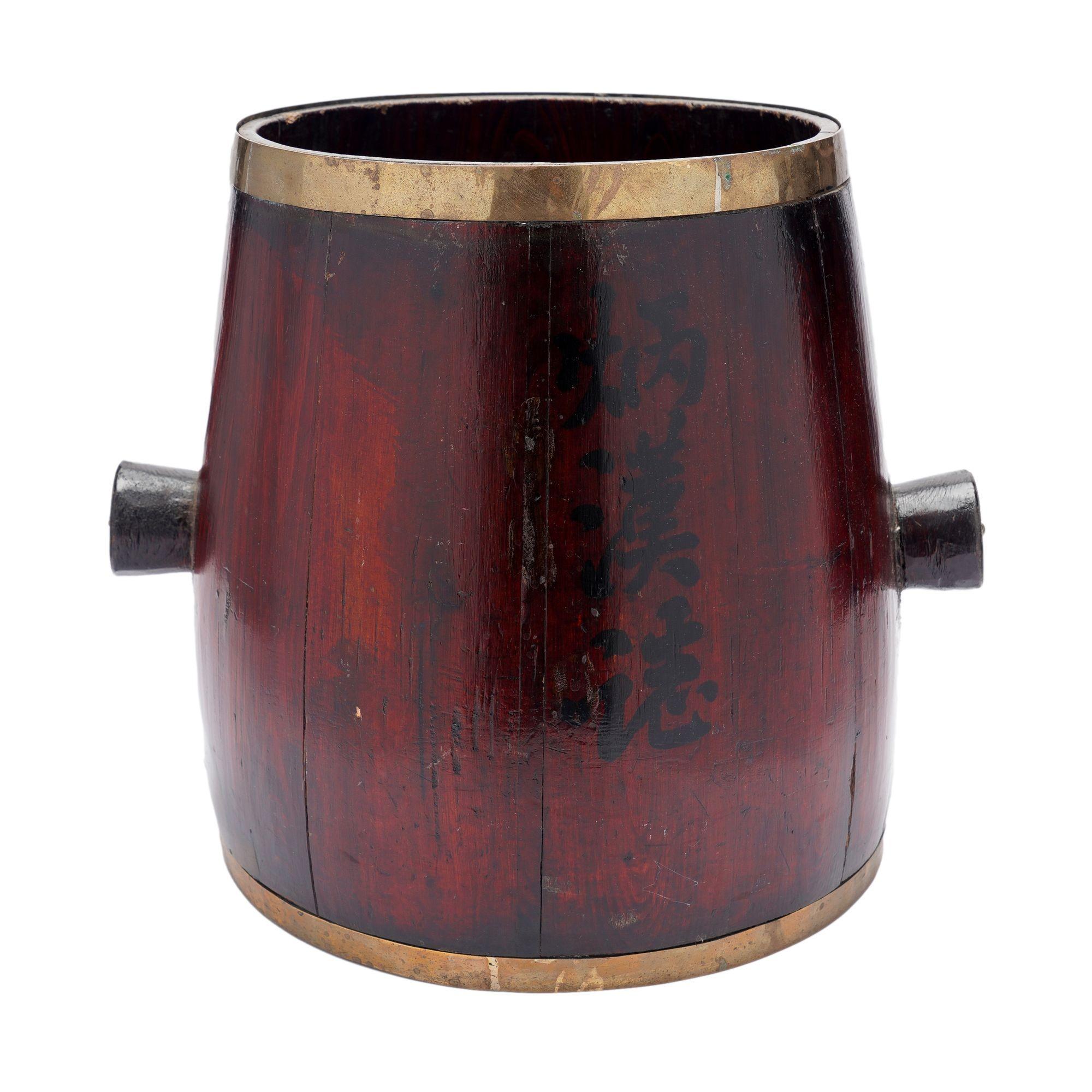 Brass Chinese barrel form brass bound stave constructed grain measure, c. 1915 For Sale