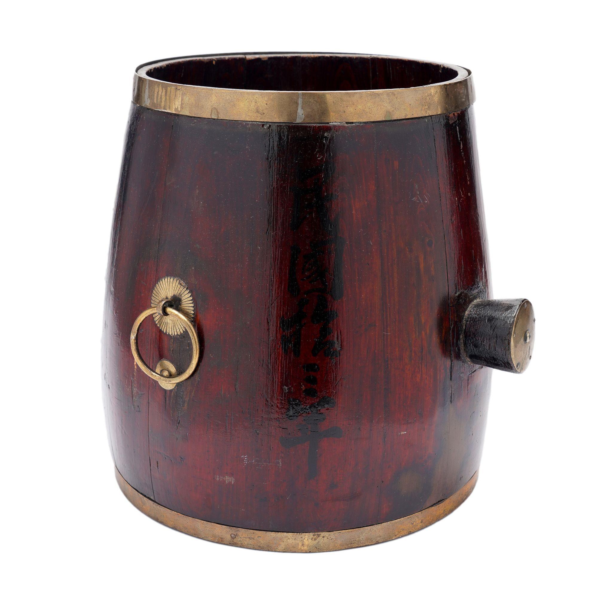 Chinese barrel form brass bound stave constructed grain measure, c. 1915 For Sale 3
