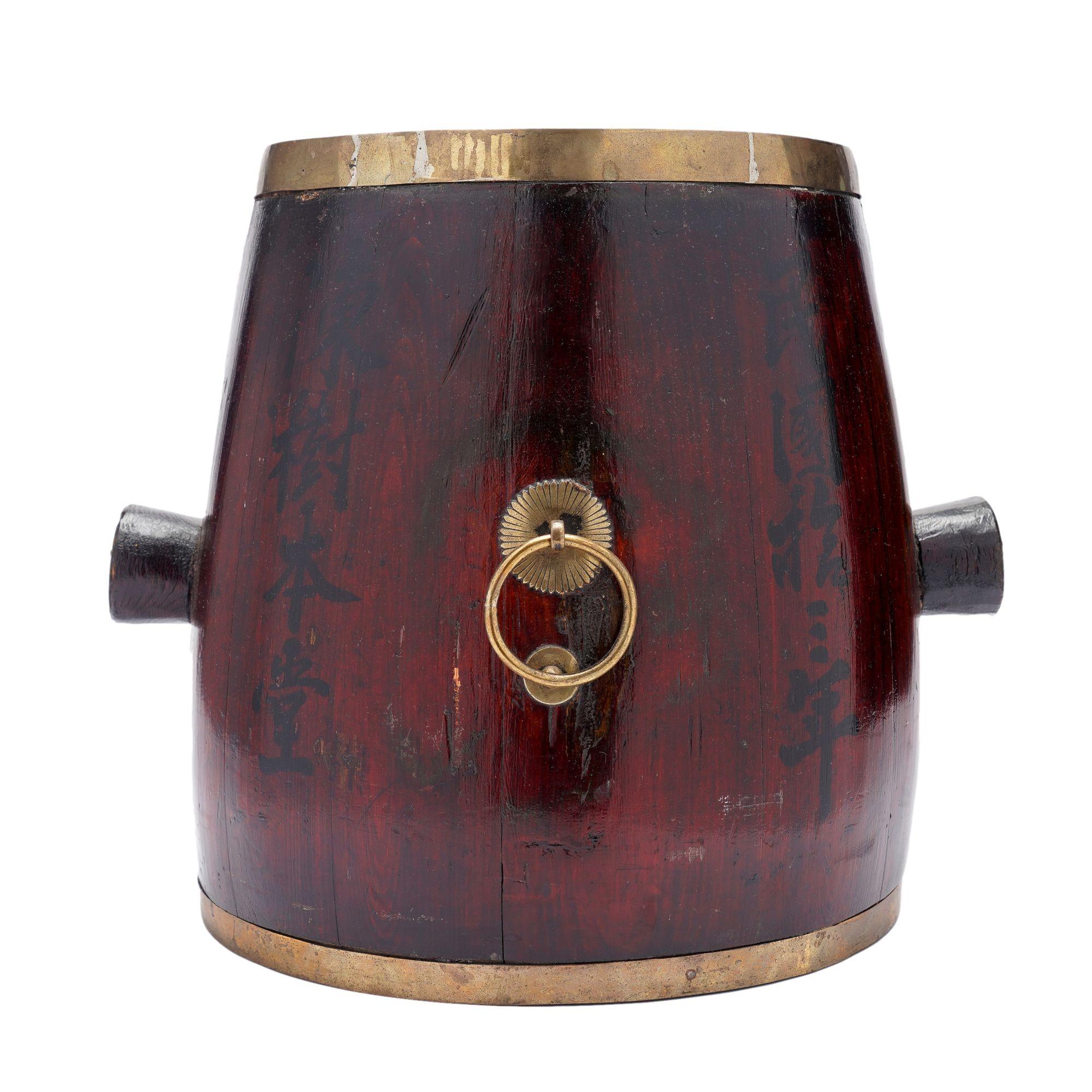 Chinese barrel form brass bound stave constructed grain measure, c. 1915 For Sale 4