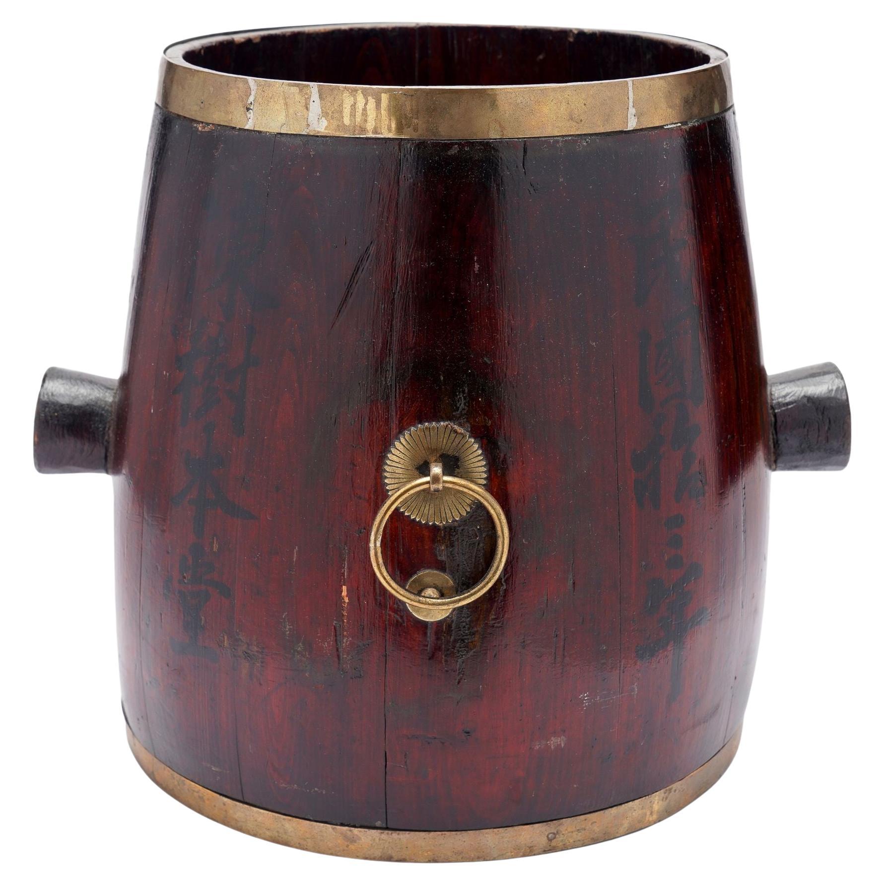 Chinese barrel form brass bound stave constructed grain measure, c. 1915 For Sale