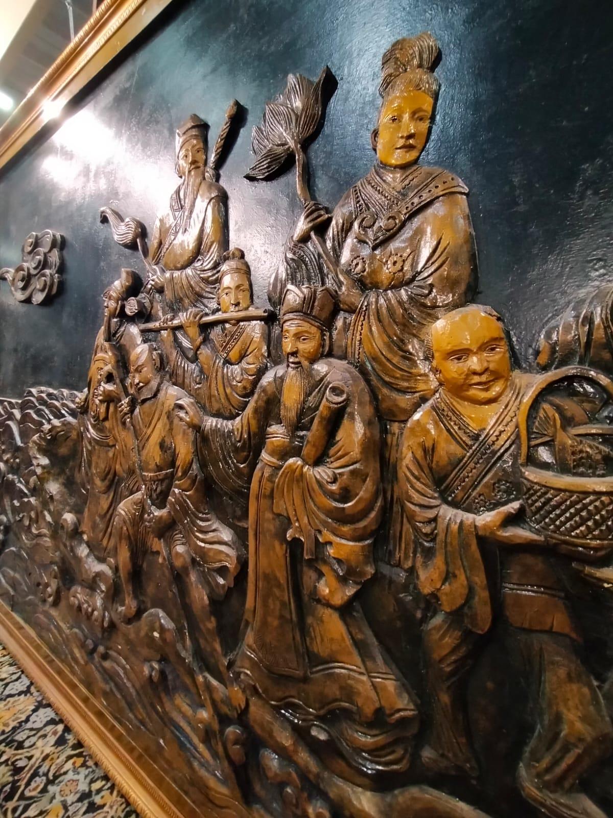 Hand-Carved Chinese bas-relief depicting the Eight Immortals and the 