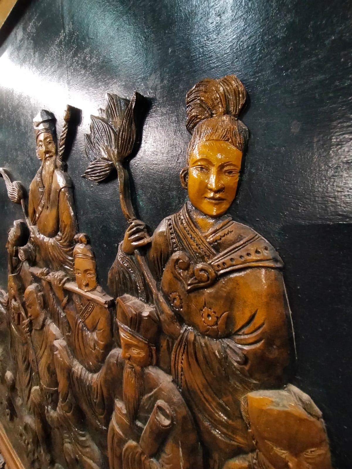 Sculpté à la main Bas-relief chinois représentant les huit immortels et la « chute des mers » en vente