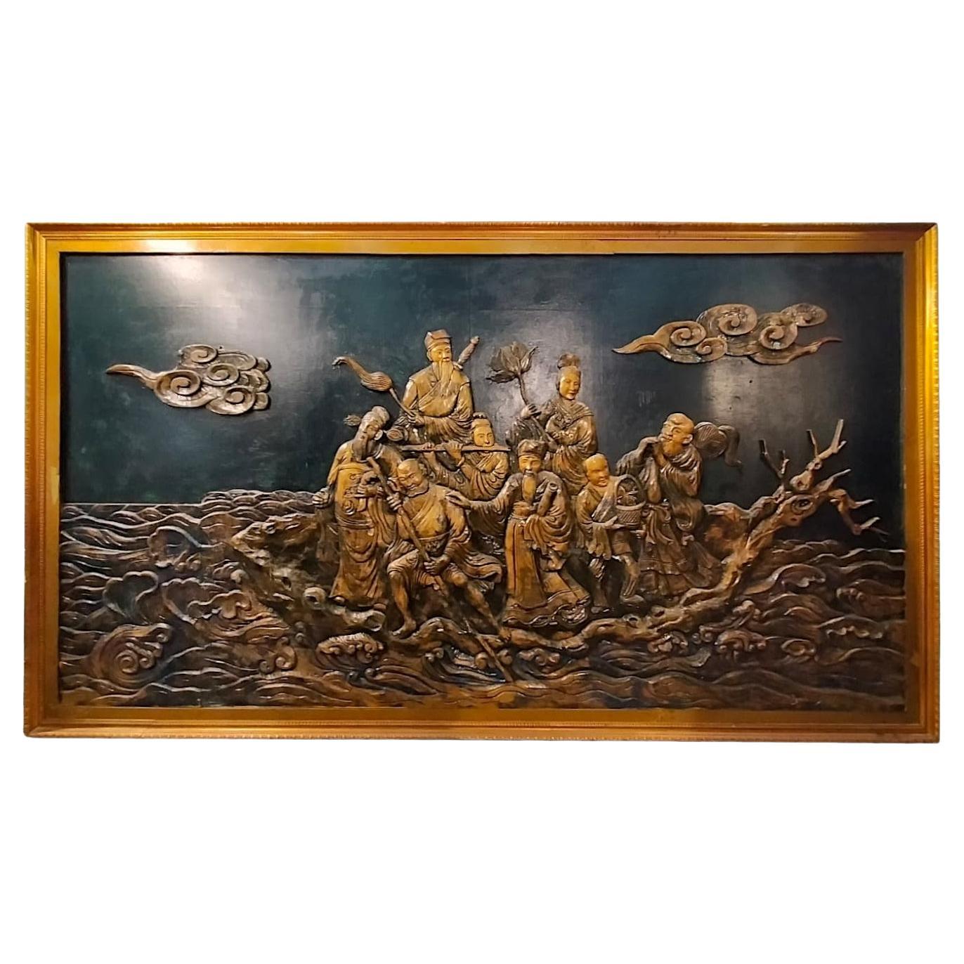 Chinese bas-relief depicting the Eight Immortals and the "Crossing of the Seas". For Sale