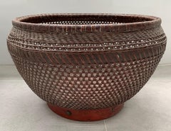 Chinese Basket Pair Hand-Woven Rattan with Red Wood Base, Early 20th Century