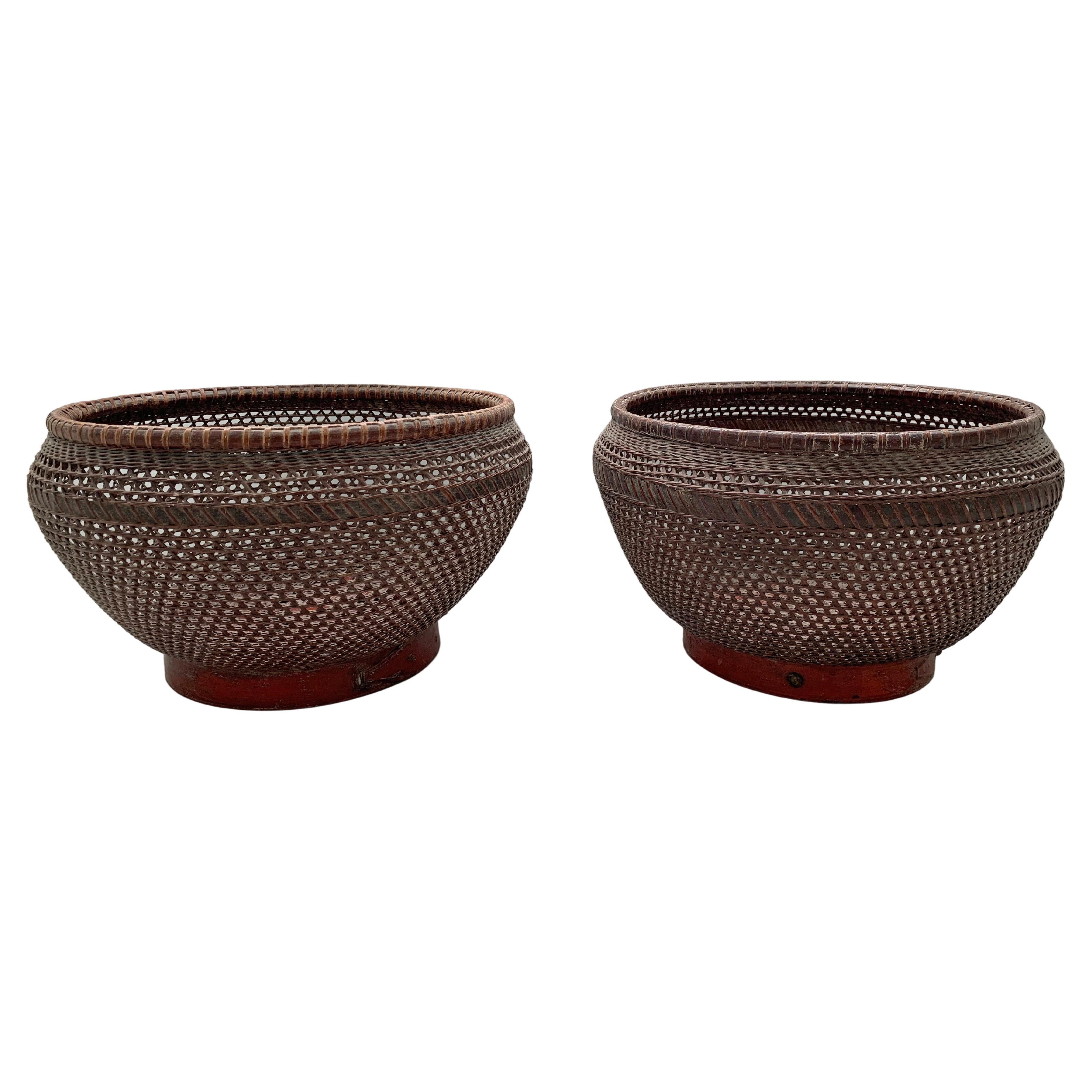 Chinese Basket Pair Hand-Woven Rattan with Red Wood Base, Early 20th Century For Sale