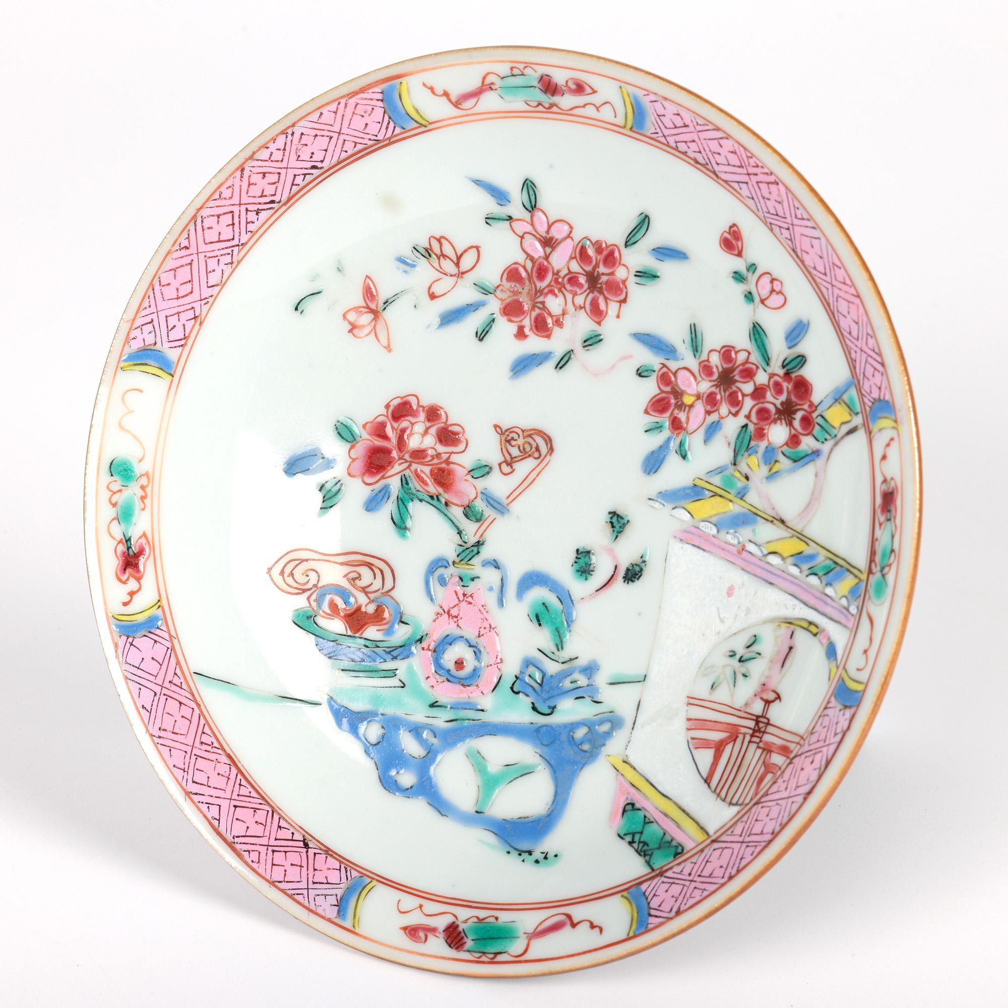 Hand-Crafted Chinese Batavian Qianlong Pair Famille Rose Painted Saucer Dishes For Sale