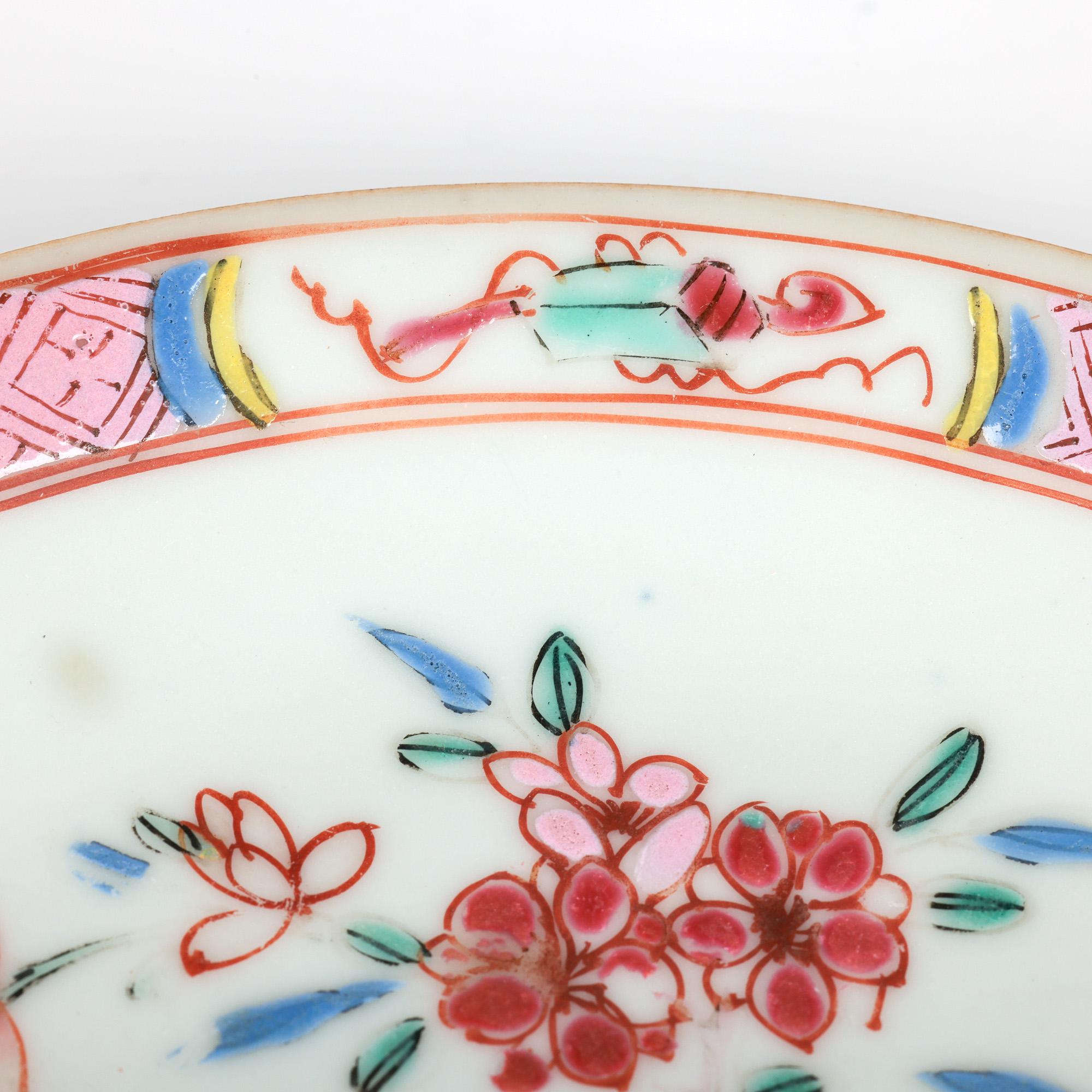 18th Century and Earlier Chinese Batavian Qianlong Pair Famille Rose Painted Saucer Dishes For Sale