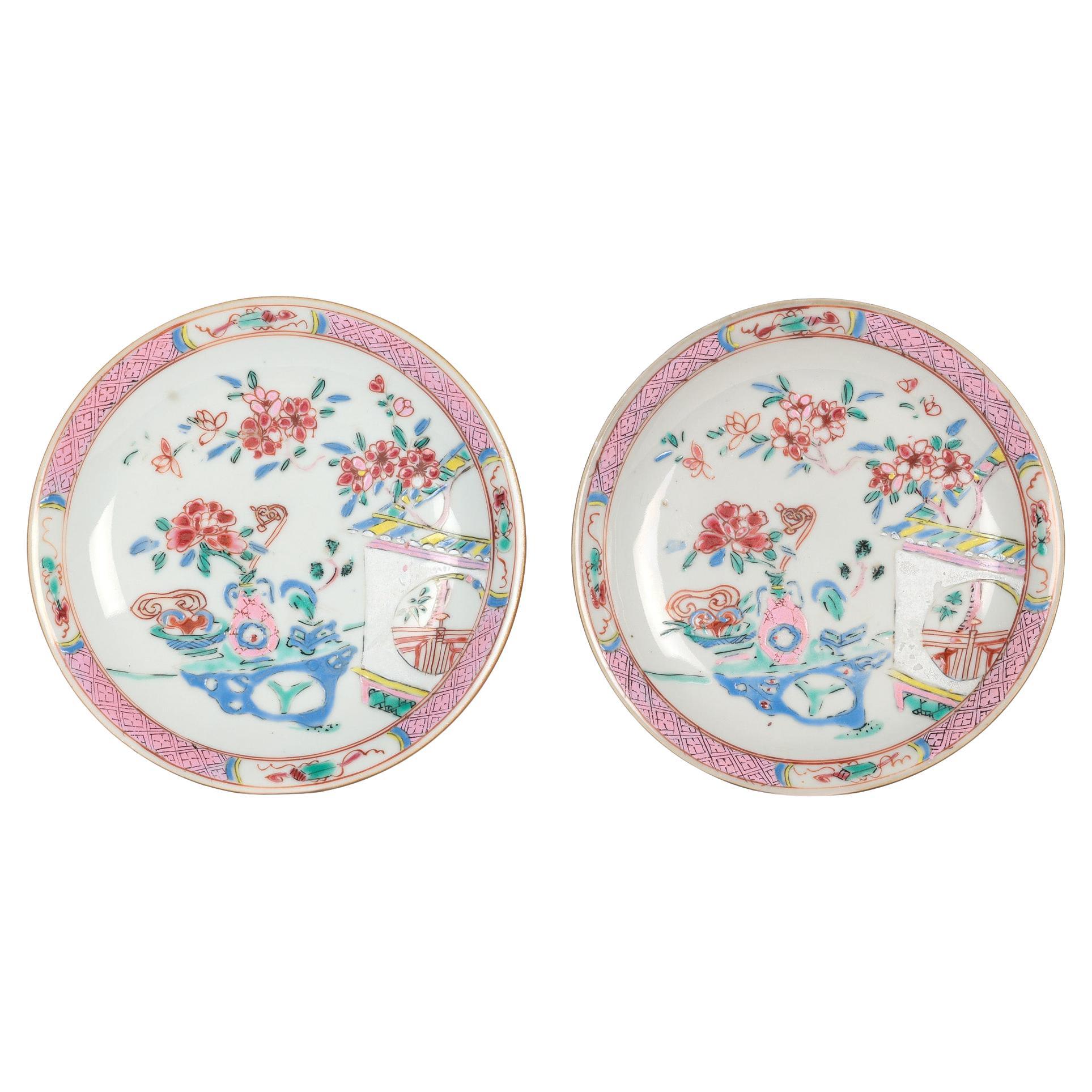 Chinese Batavian Qianlong Pair Famille Rose Painted Saucer Dishes
