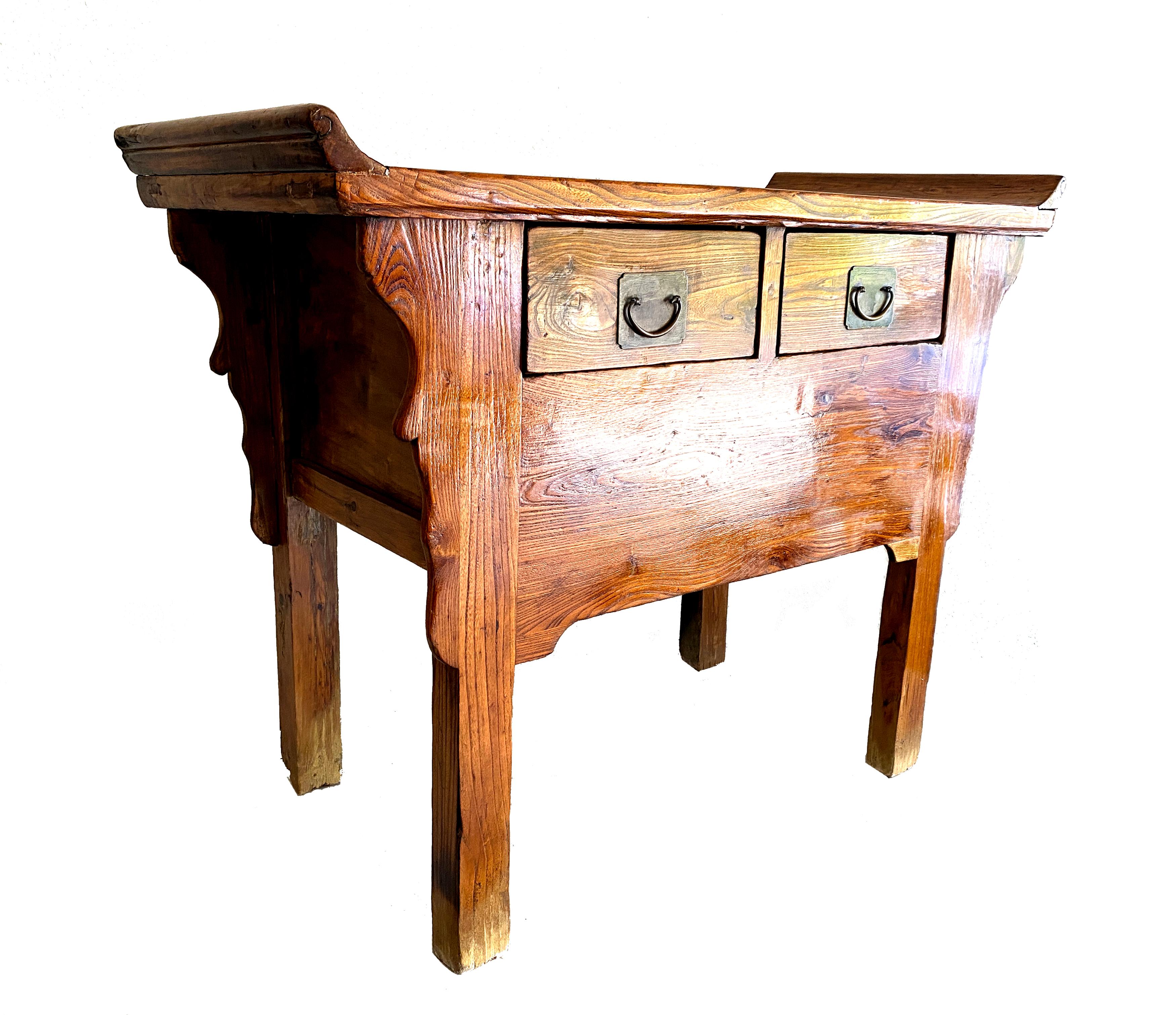 Hand-Crafted Early 20th Century Antique Chinese Beech Hardwood Double Drawer Coffer Table For Sale