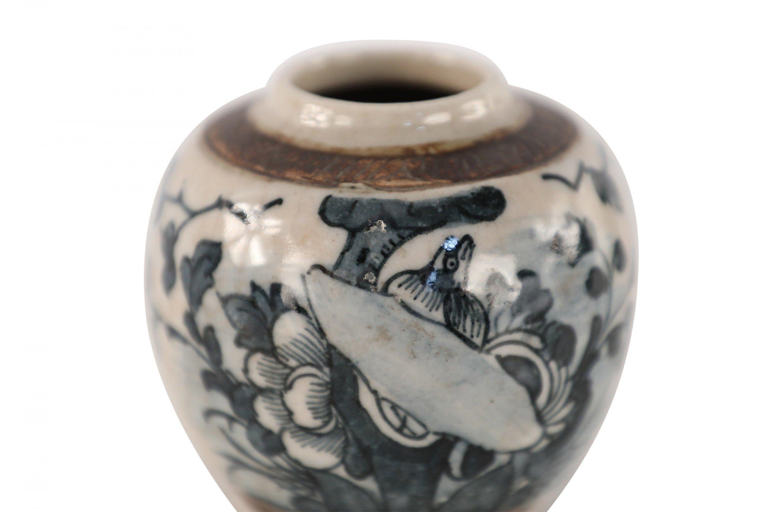 Chinese Beige and Charcoal Floral Porcelain Jar For Sale 1