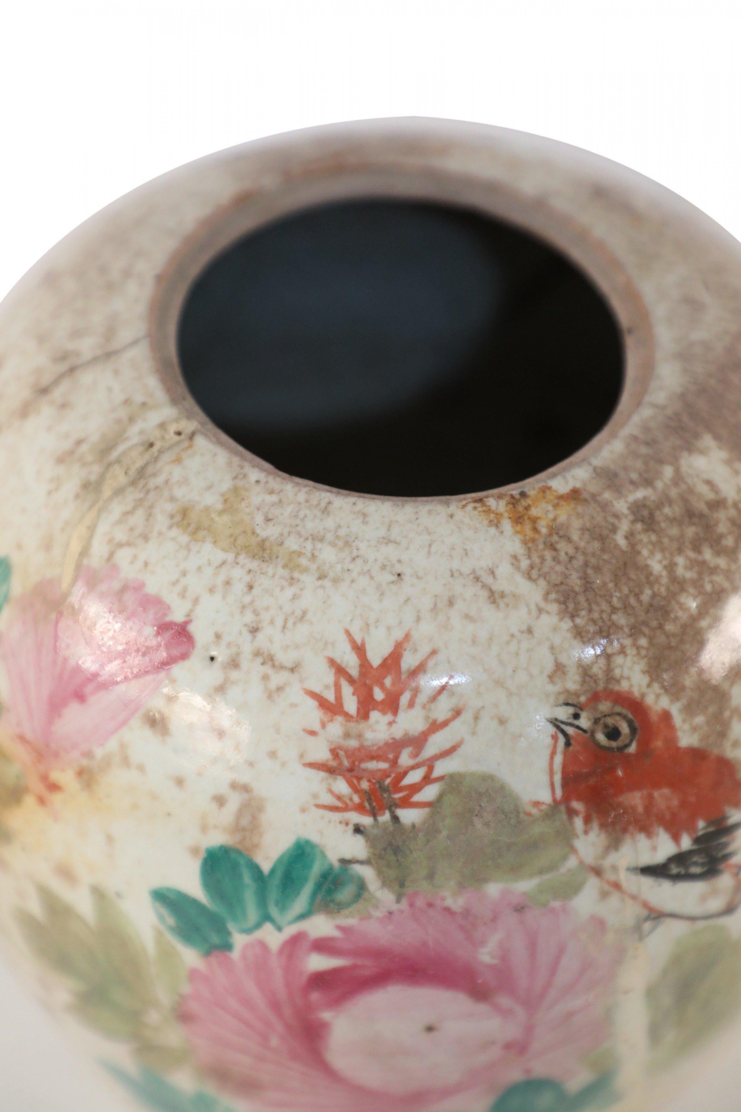 Chinese Beige Botancial Motif Rounded Porcelain Vase In Good Condition For Sale In New York, NY