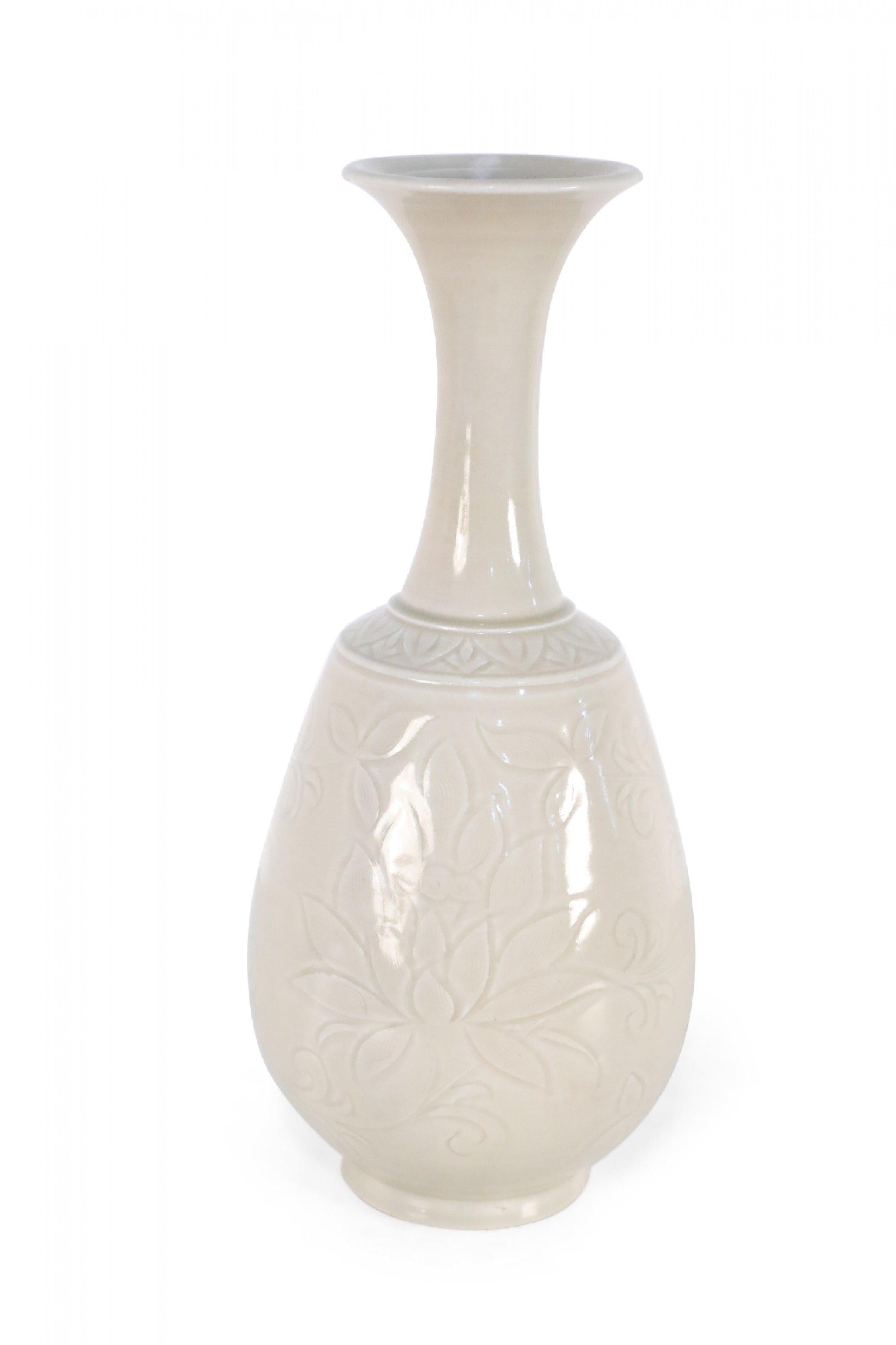 Chinese Export Chinese Beige Carved Floral Pattern Porcelain Vase For Sale
