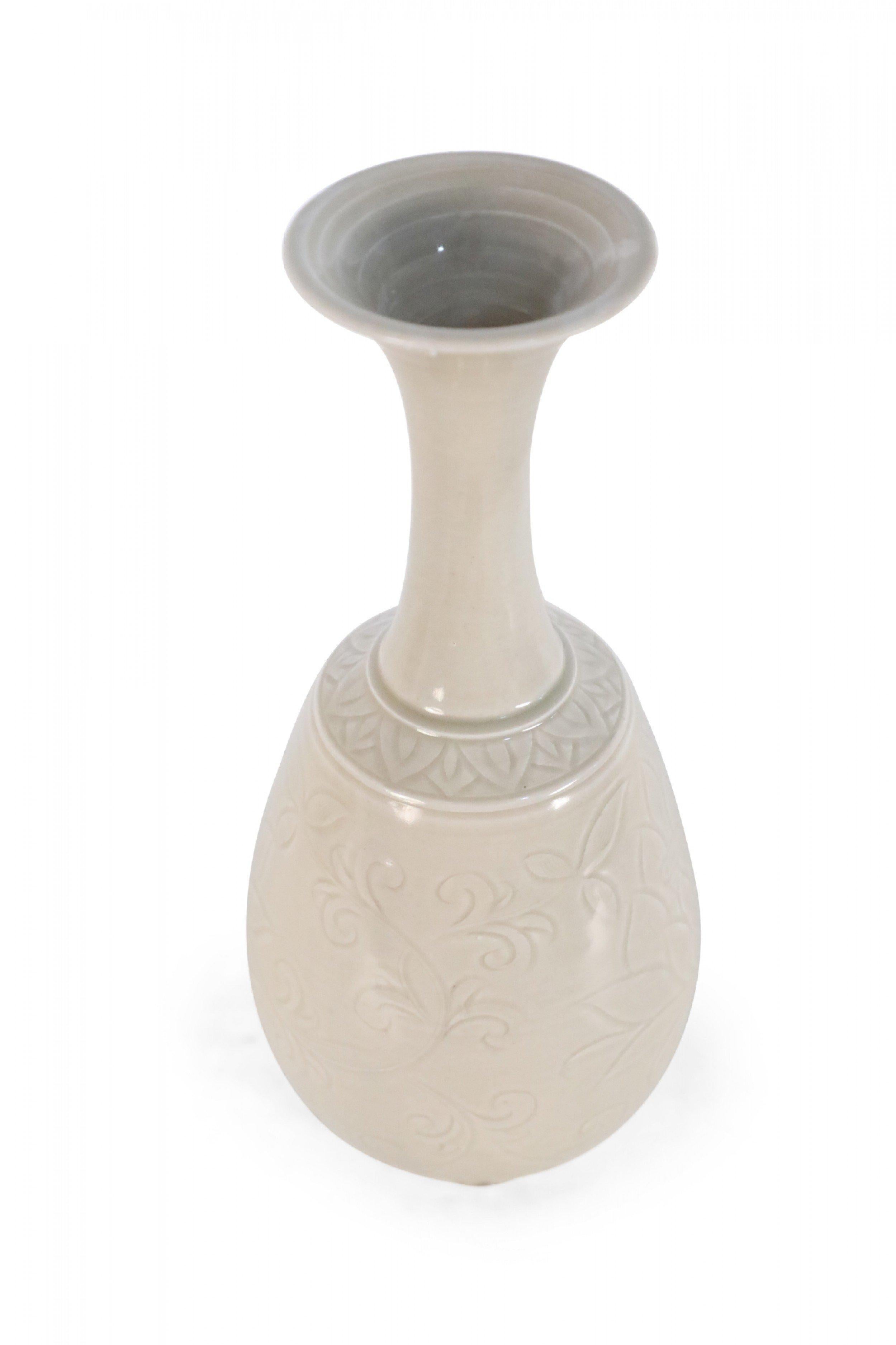 Chinese Beige Carved Floral Pattern Porcelain Vase For Sale 1