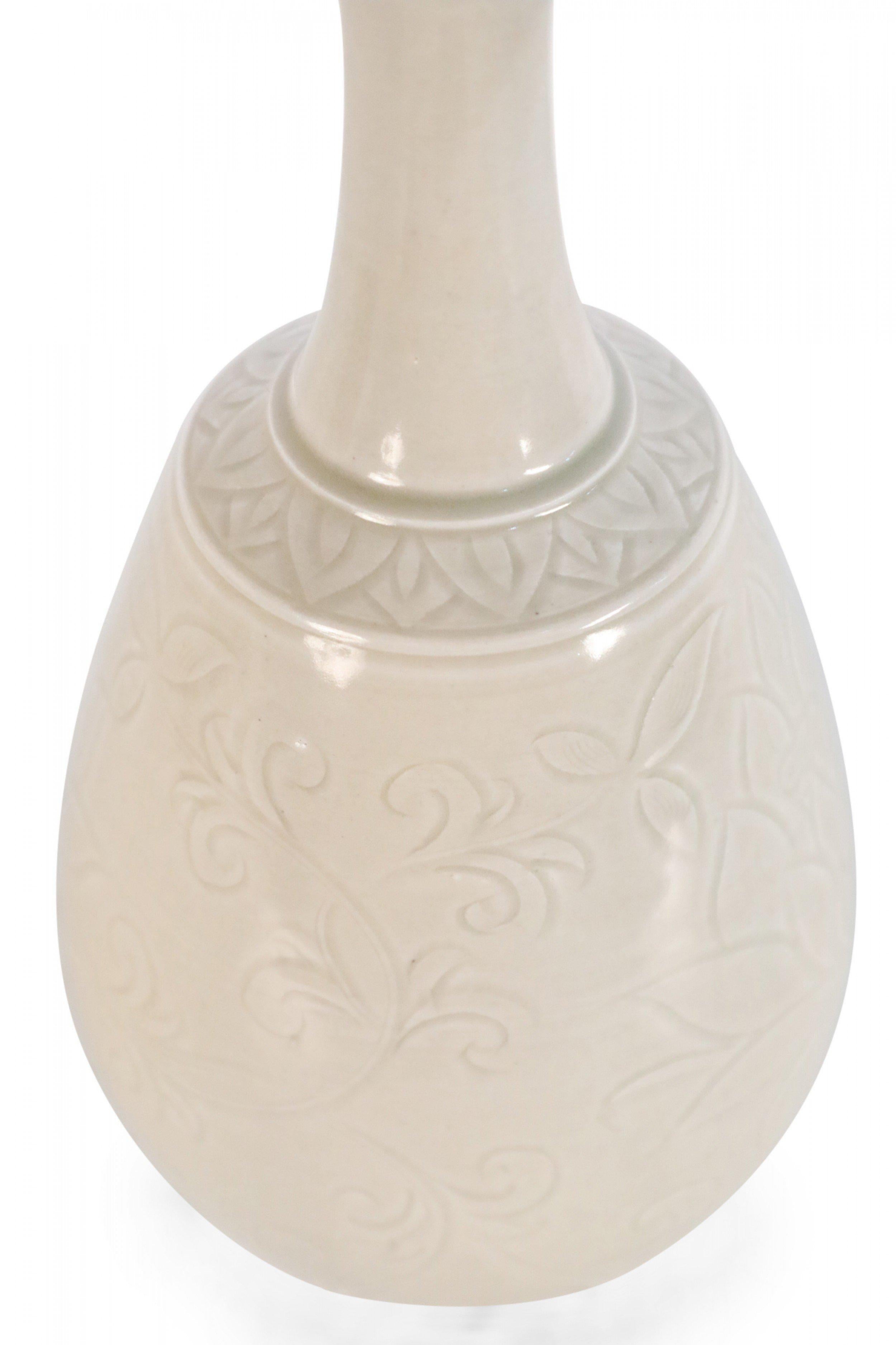 Chinese Beige Carved Floral Pattern Porcelain Vase For Sale 2