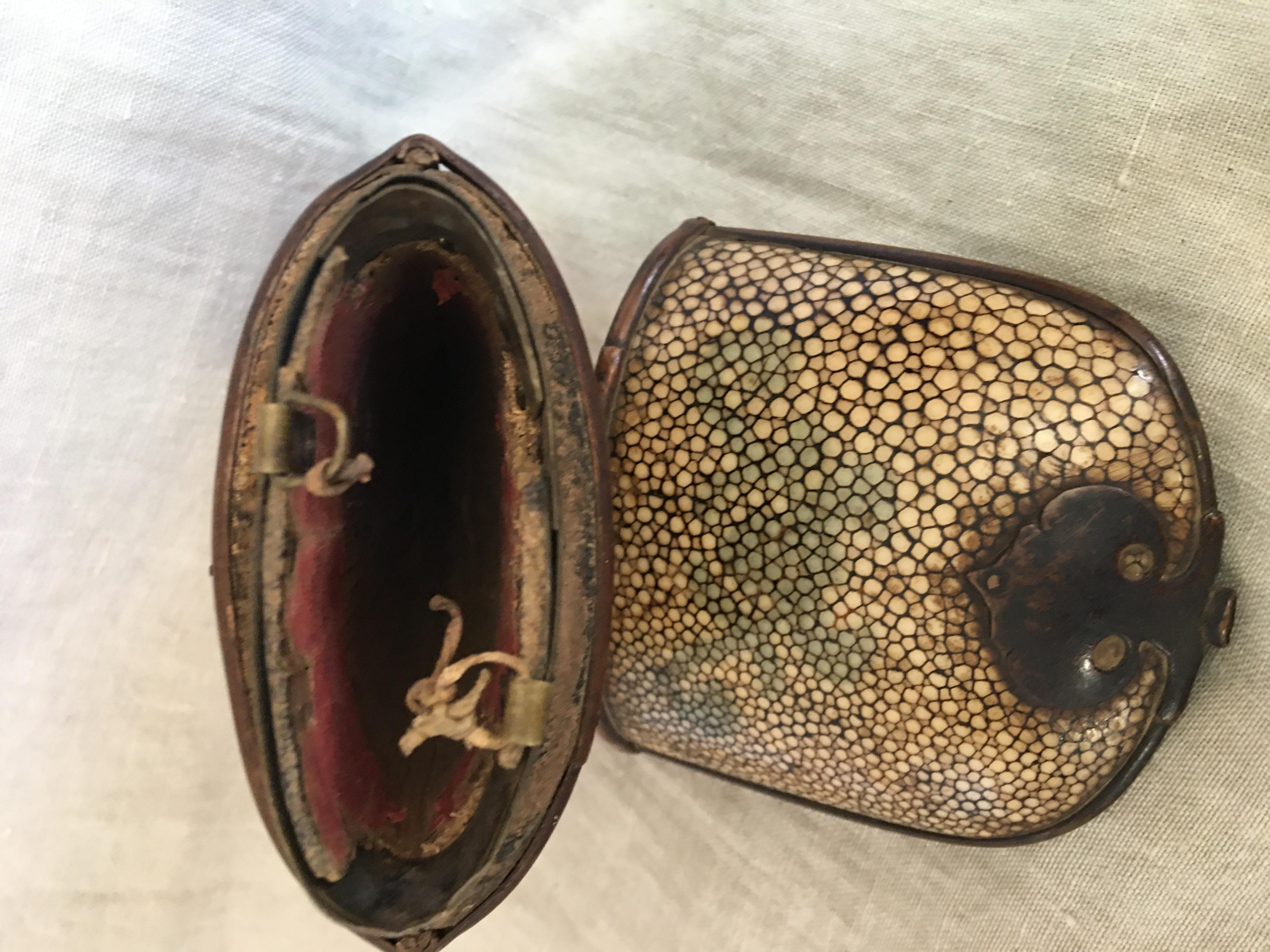 Chinese Beige Shagreen Brass Mounted Eyeglass Case, Early 20th Century In Good Condition In Savannah, GA