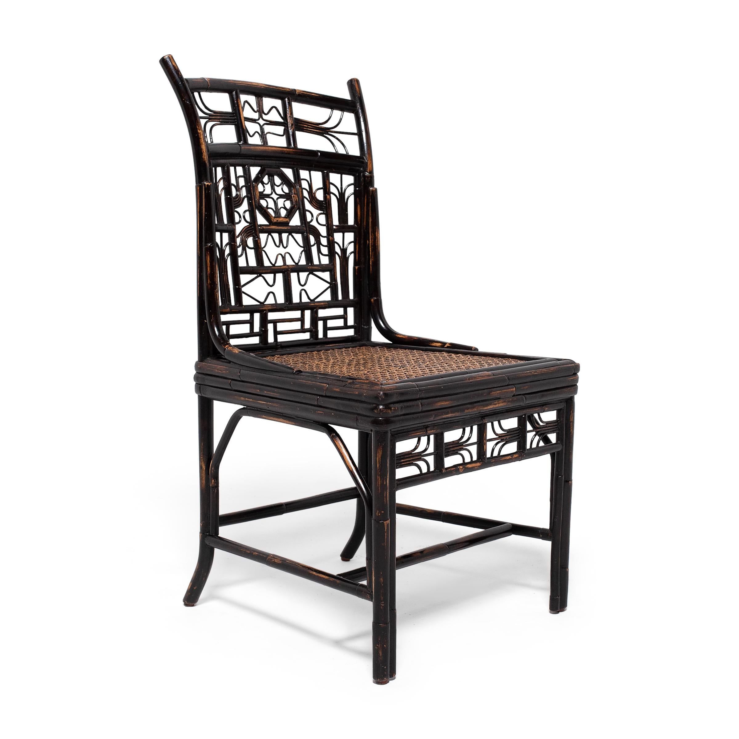 Lacquered Chinese Bent Bamboo Dining Chair with Cane Seat, c. 1900