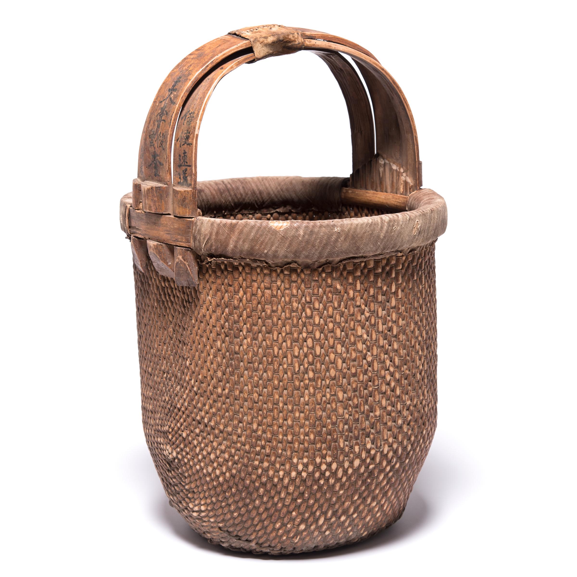 Rustic Chinese Bent Handle Fisherman's Basket, c. 1850 For Sale