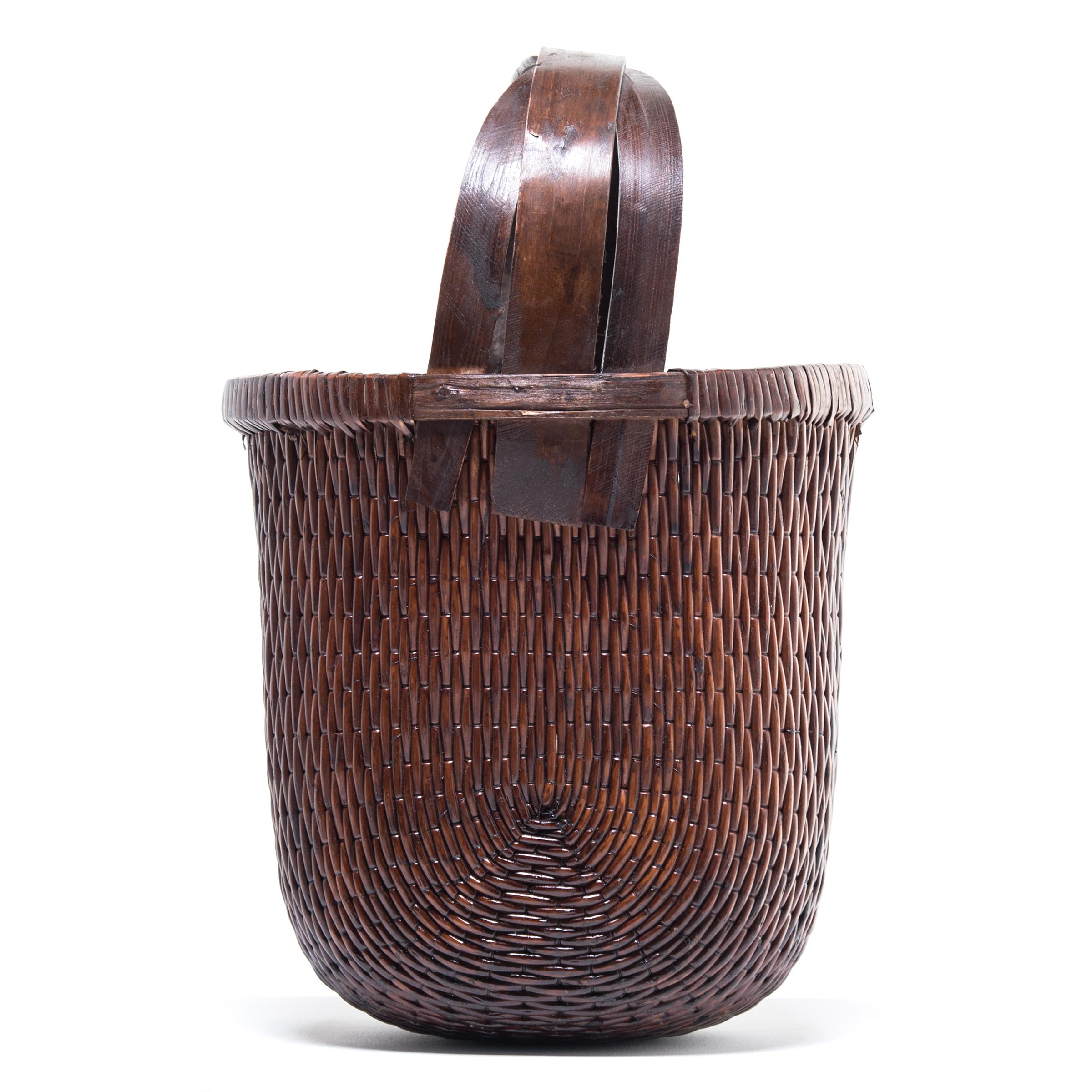 Hand-Woven Chinese Bent Handle Willow Basket, circa 1900