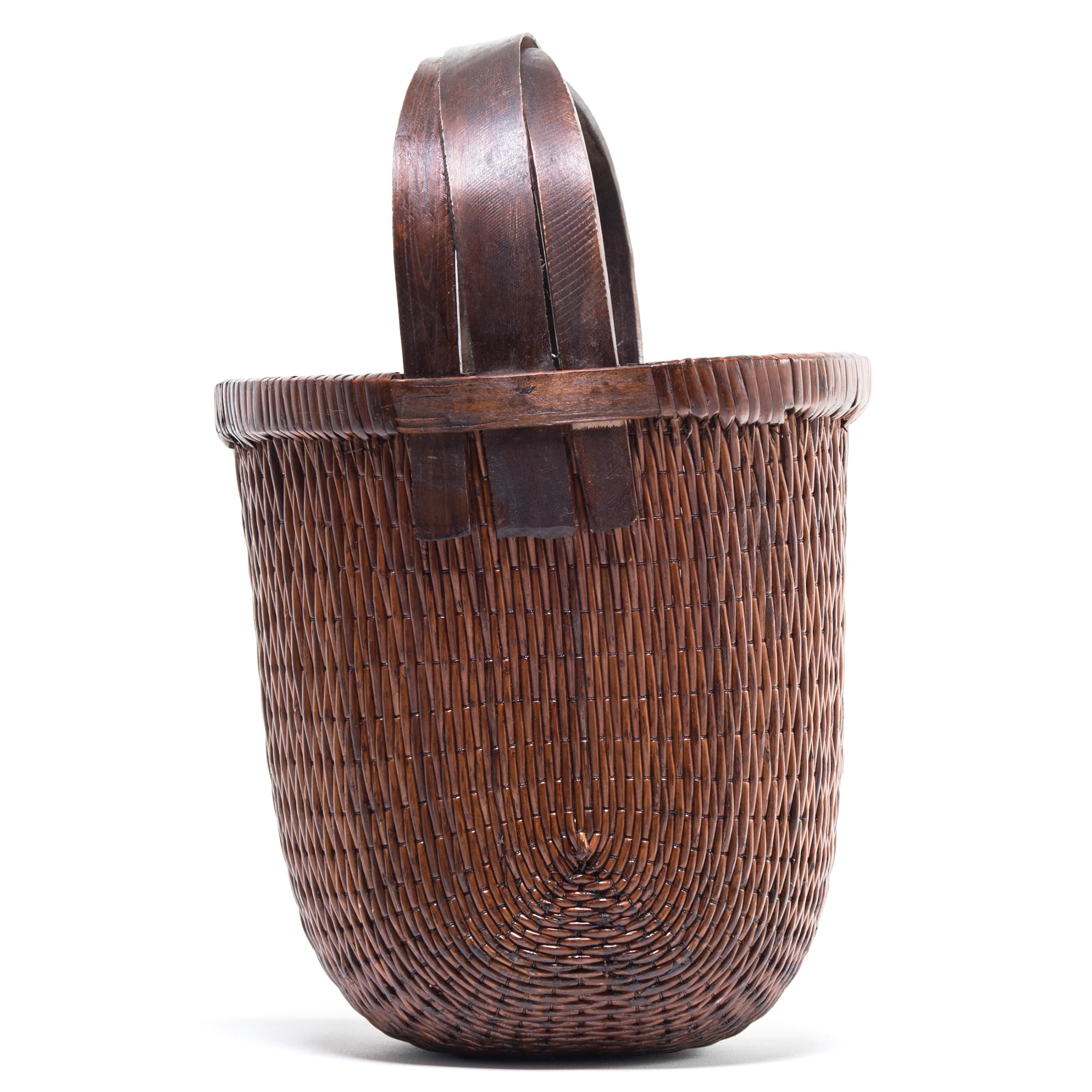 Hand-Woven Chinese Bent Handle Fisherman's Basket, circa 1900 For Sale