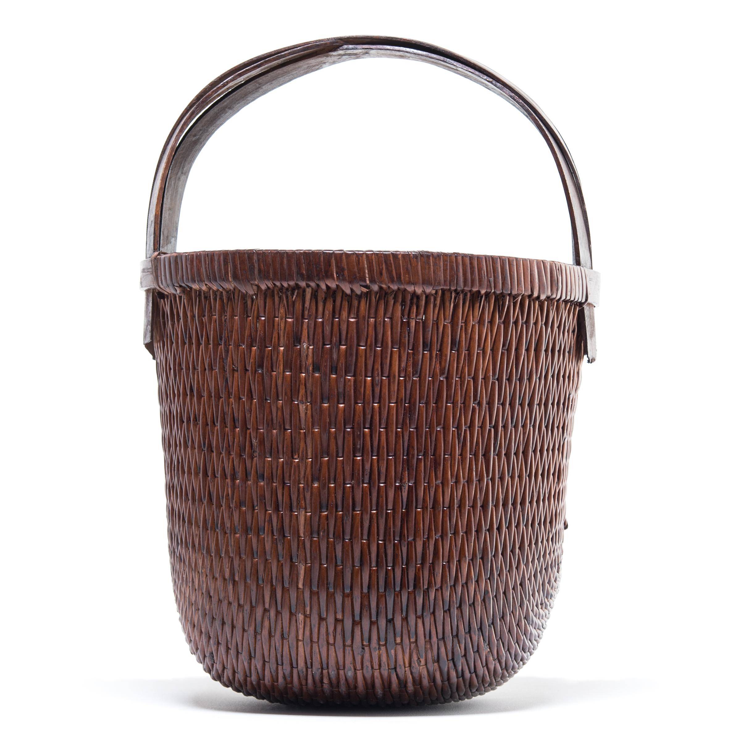 Rustic Chinese Bent Handle Fisherman's Basket, c. 1900 For Sale