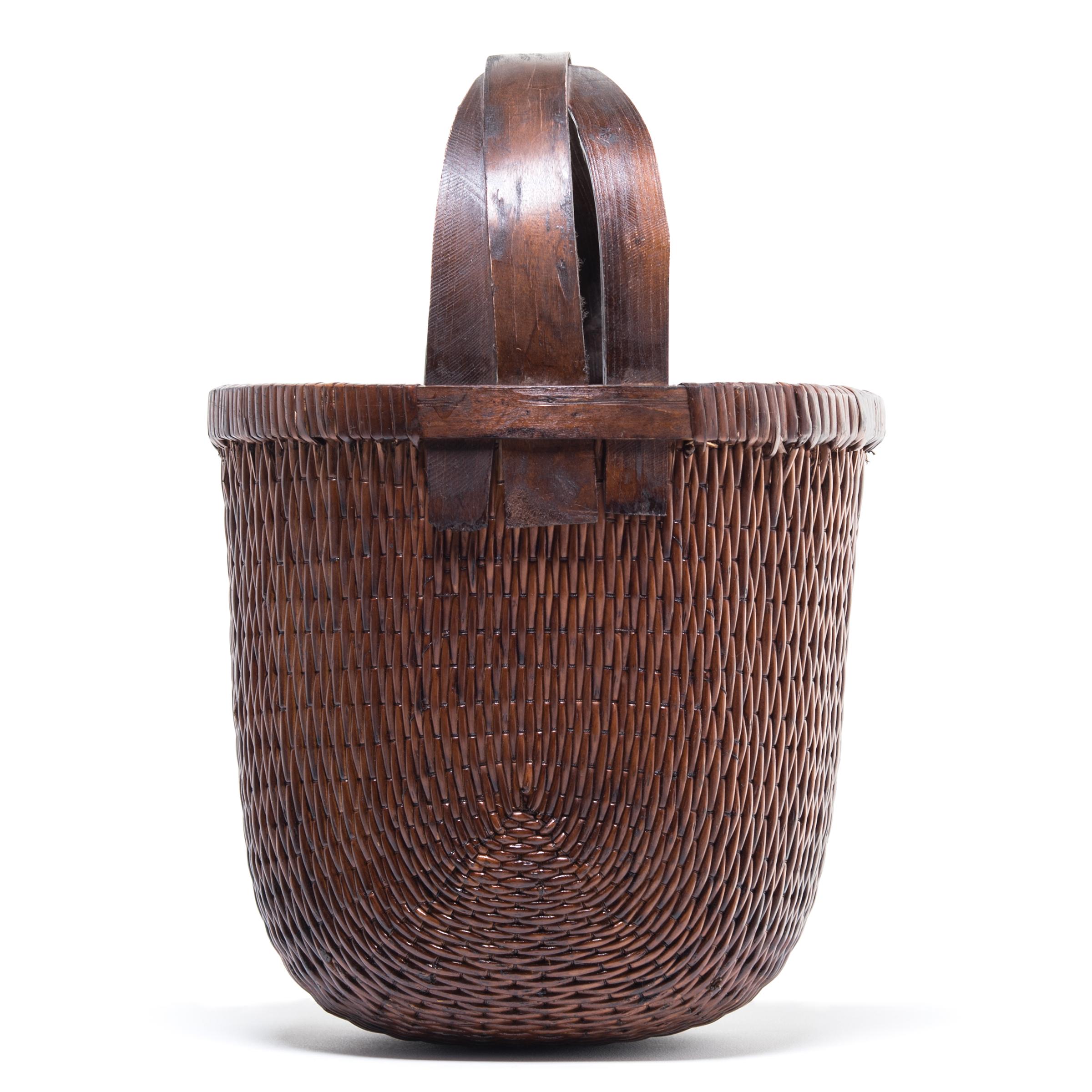 Hand-Woven Chinese Bent Handle Fisherman's Basket, c. 1900 For Sale