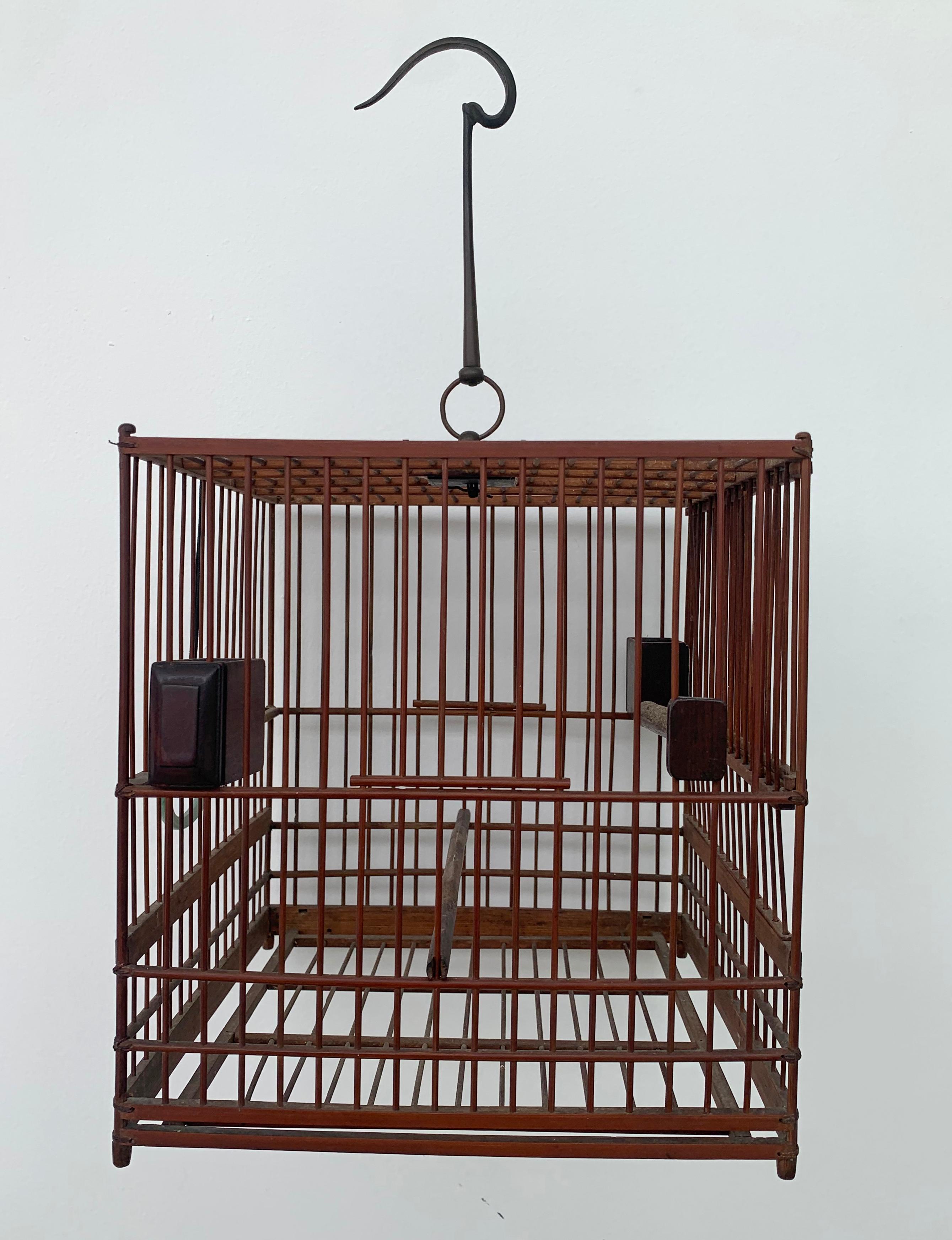 Chinese Birdcage with Porcelain Feeding Bowls, Vintage Mid-20th Century For Sale 1