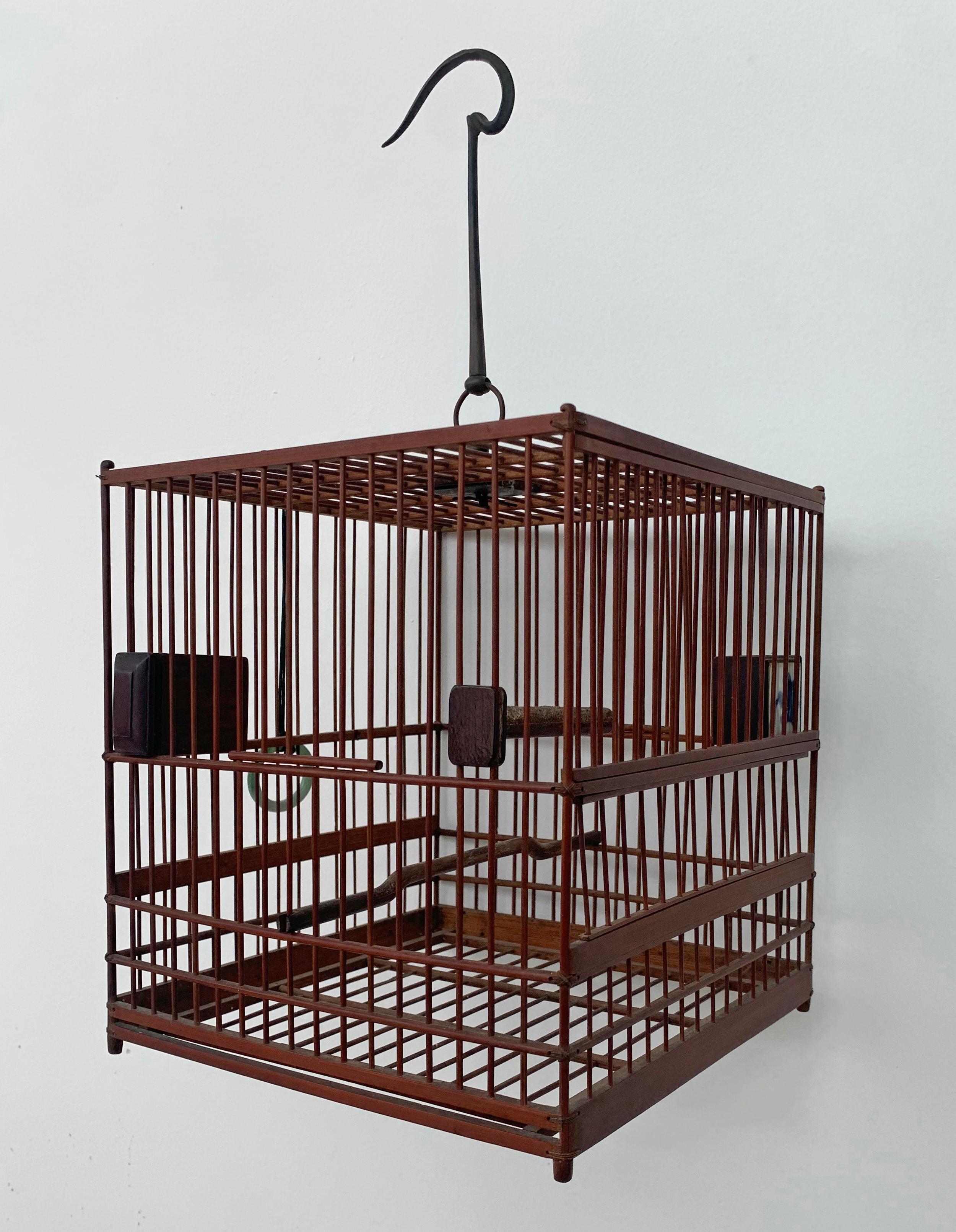 Chinese Birdcage with Porcelain Feeding Bowls, Vintage Mid-20th Century For Sale 2