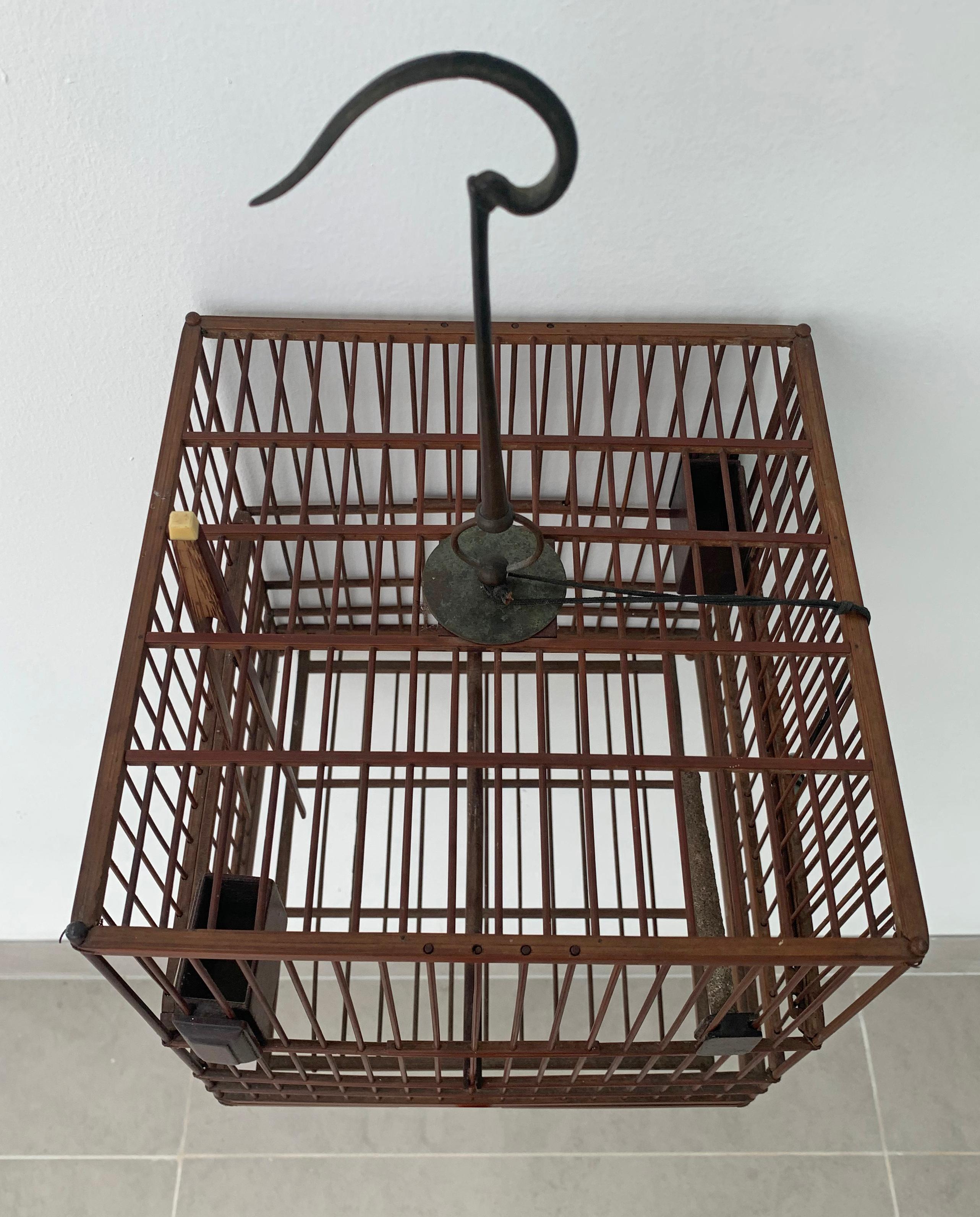 Chinese Birdcage with Porcelain Feeding Bowls, Vintage Mid-20th Century For Sale 3
