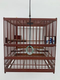 Chinese Birdcage with Porcelain Feeding Bowls, Vintage Mid-20th Century