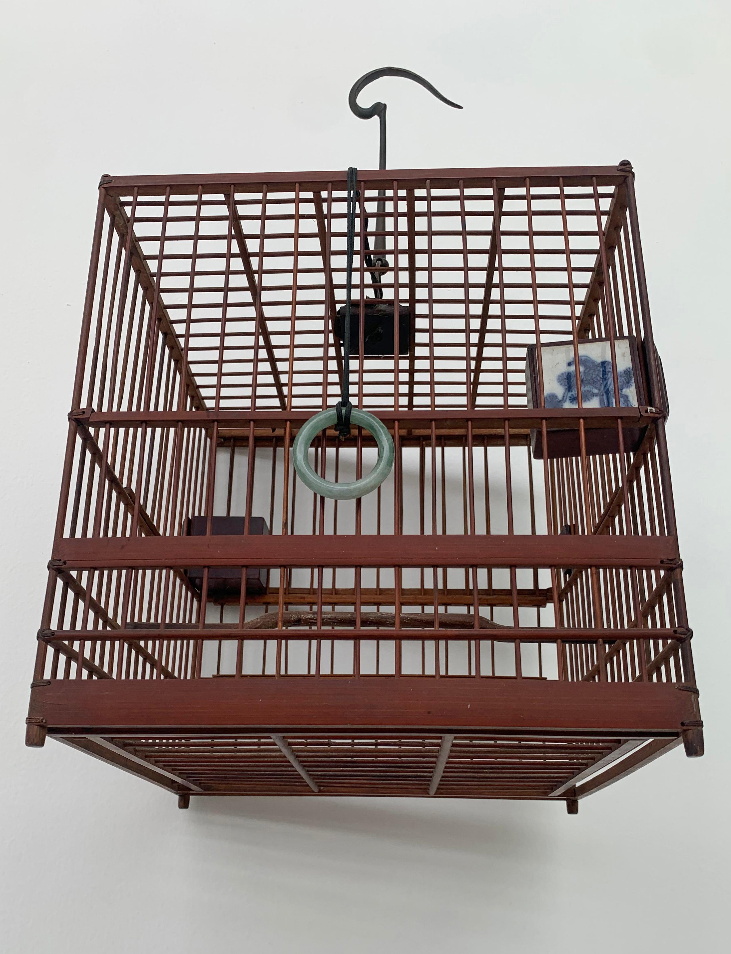 Hand-Crafted Chinese Birdcage with Porcelain Feeding Bowls, Vintage Mid-20th Century For Sale