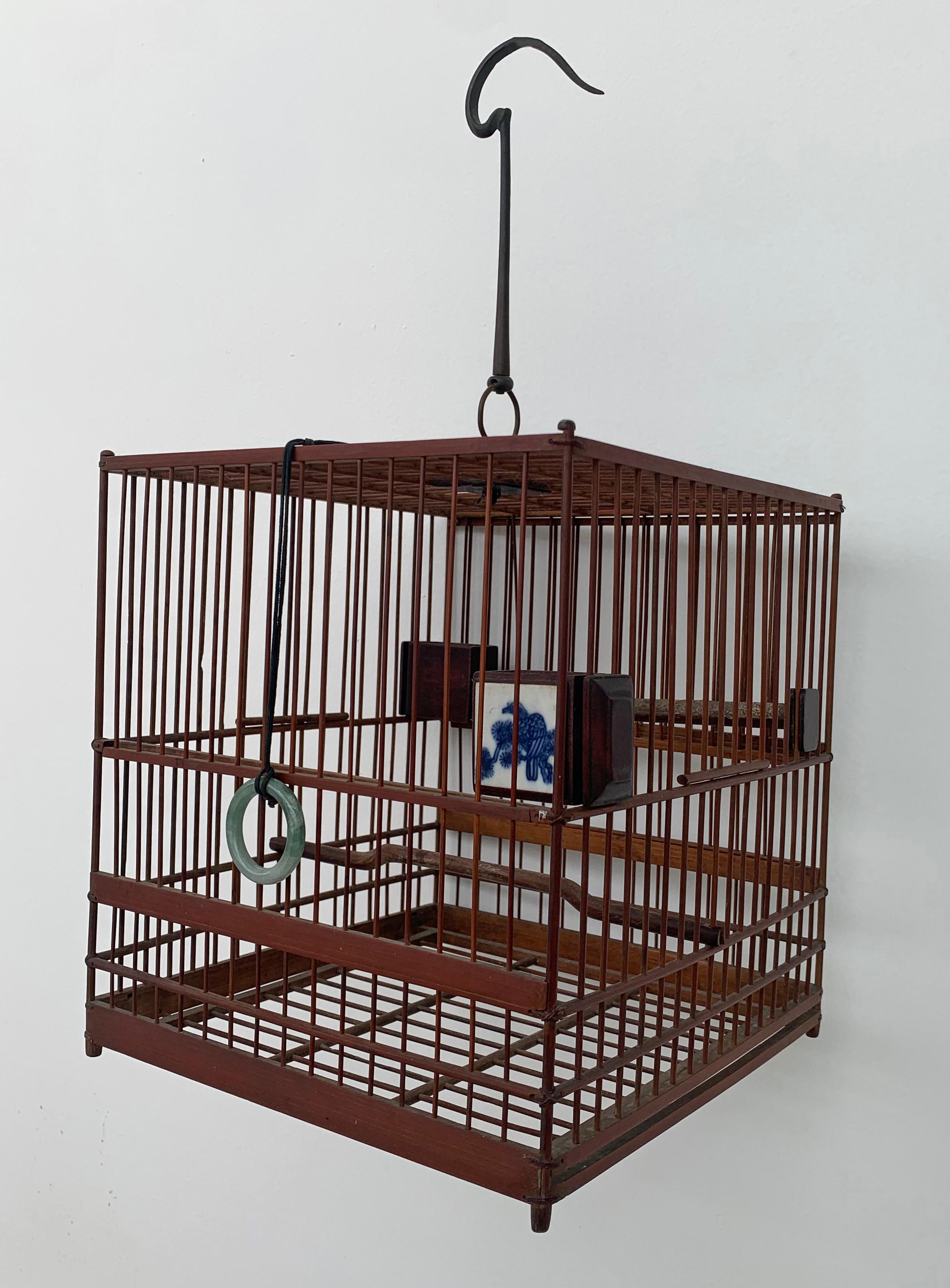 Ceramic Chinese Birdcage with Porcelain Feeding Bowls, Vintage Mid-20th Century For Sale