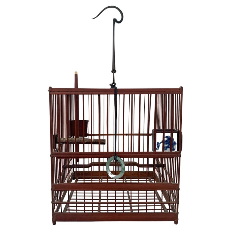 Chinese Birdcage with Porcelain Feeding Bowls, Vintage Mid-20th Century For  Sale at 1stDibs