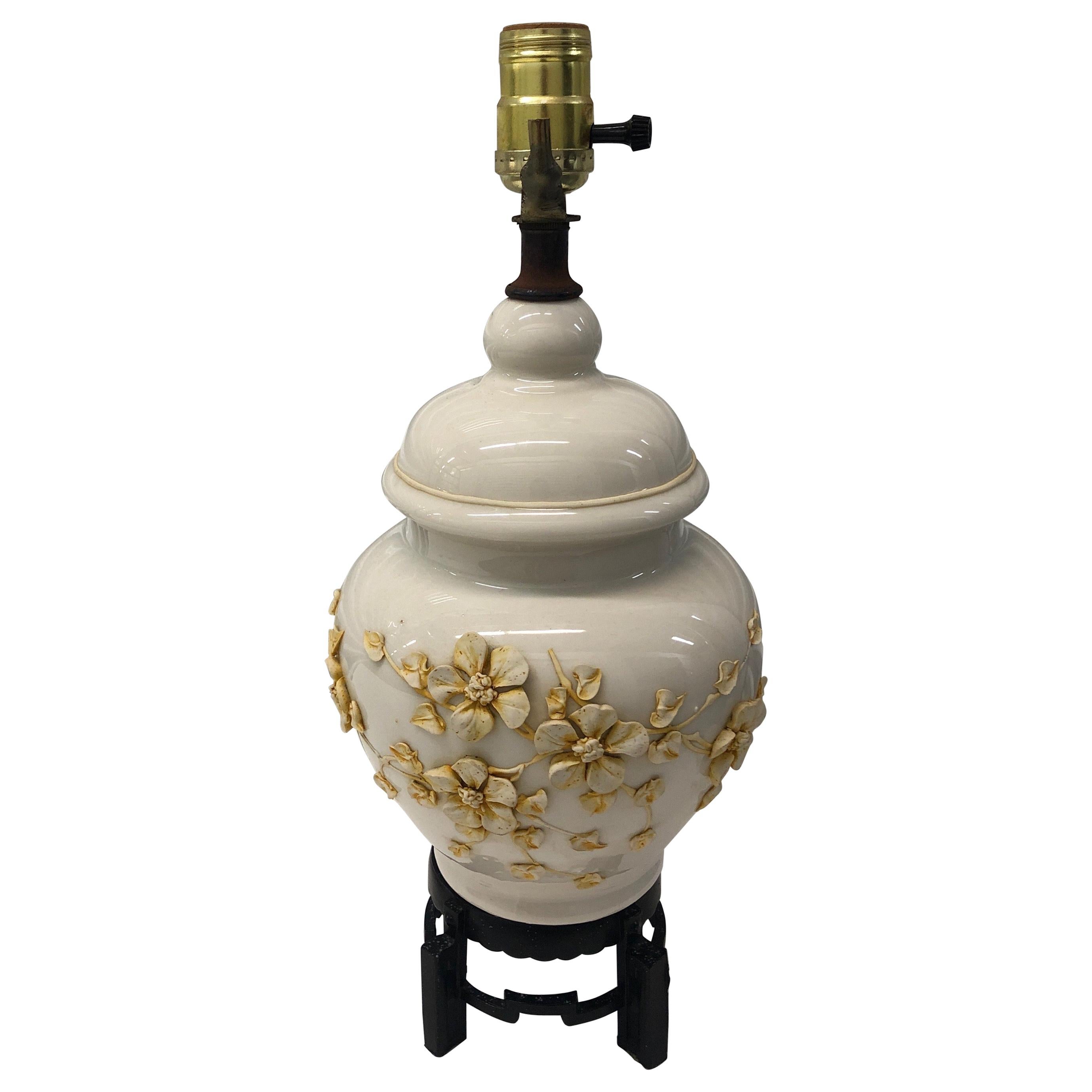 Chinese Bisque Export Yellow and Cream Floral Ceramic Table Lamp
