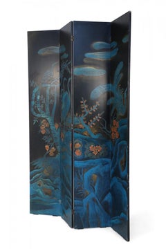 Chinese Black and Blue Natural Vignette 4-Panel Folding Screen