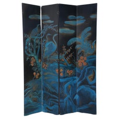 Vintage Chinese Black and Blue Natural Vignette 4-Panel Folding Screen
