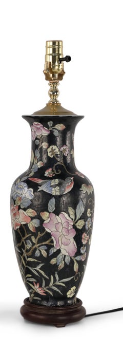 Chinese Black and Floral Motif Table Lamp