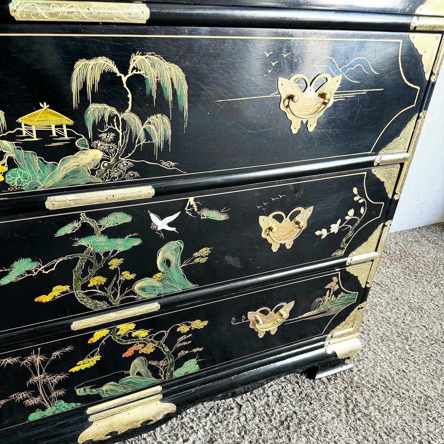 Chinese Black and Gold and Hand Painted Armoire/Chest of Drawers For Sale 5