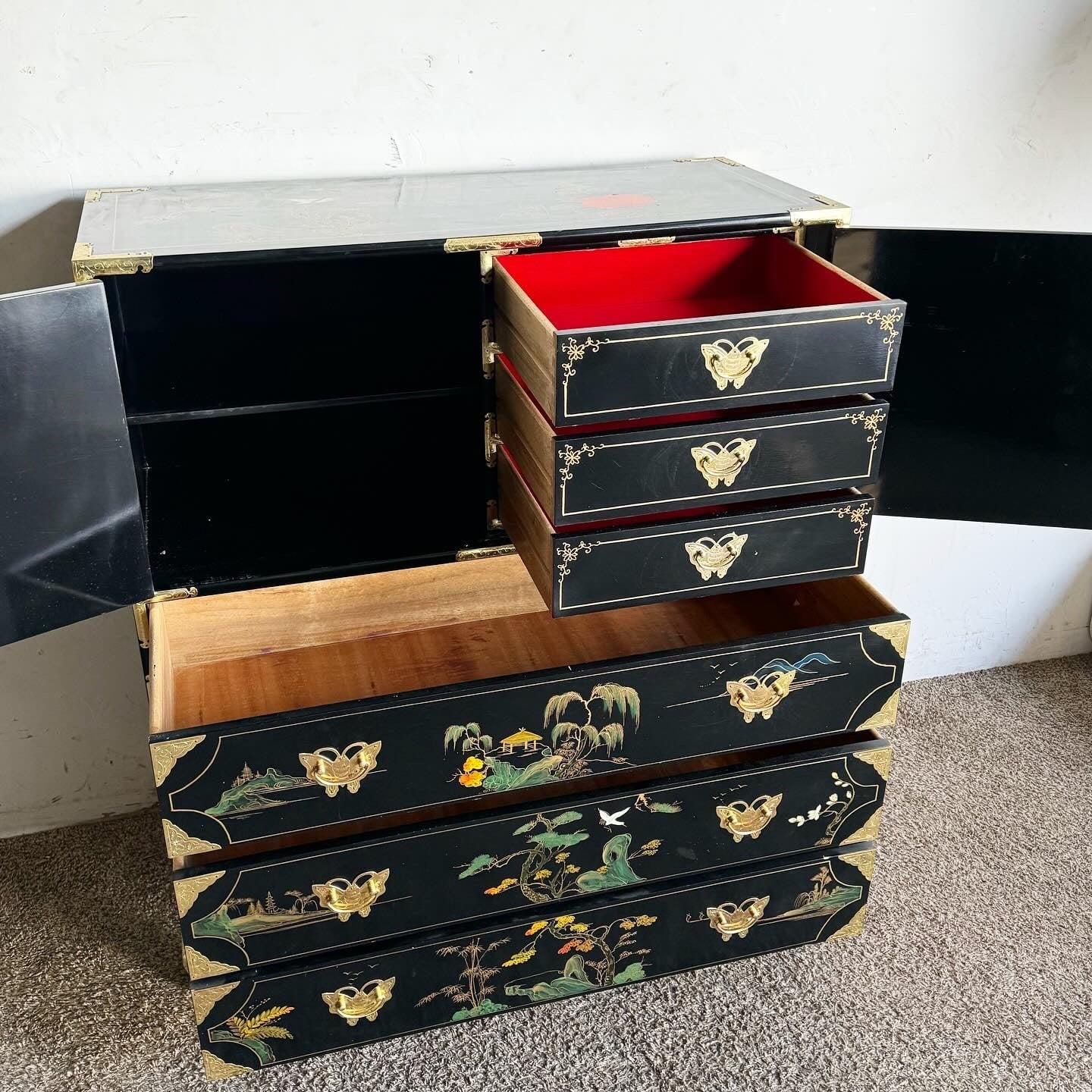 Chinese Black and Gold and Hand Painted Armoire/Chest of Drawers In Good Condition For Sale In Delray Beach, FL