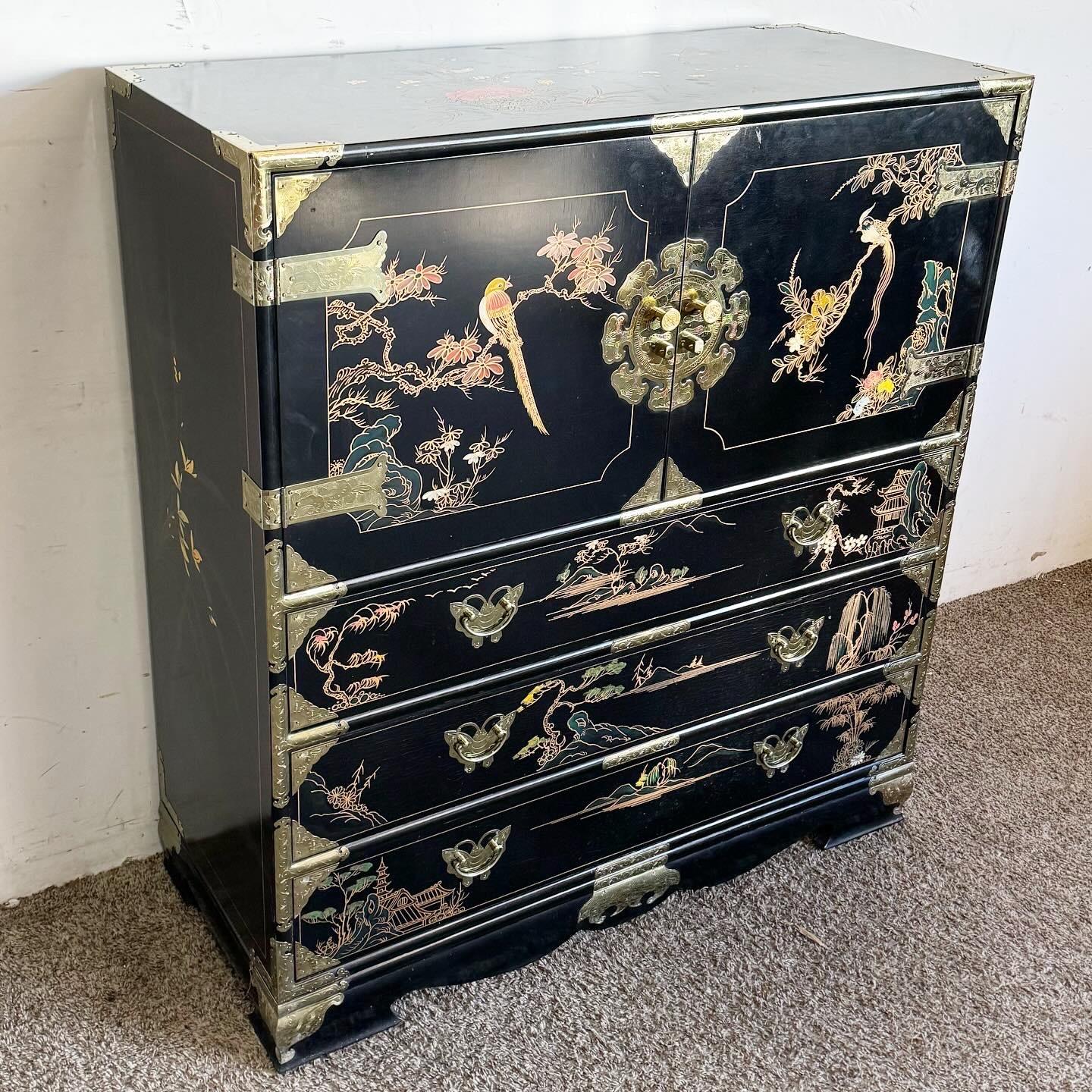 Taiwanese Chinese Black and Gold and Hand Painted Armoire/Chest of Drawers For Sale