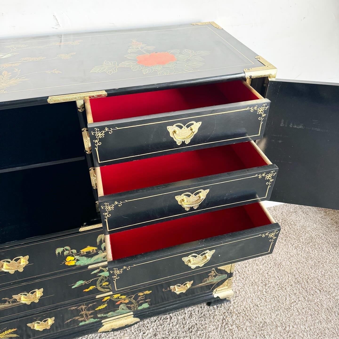 Late 20th Century Chinese Black and Gold and Hand Painted Armoire/Chest of Drawers For Sale