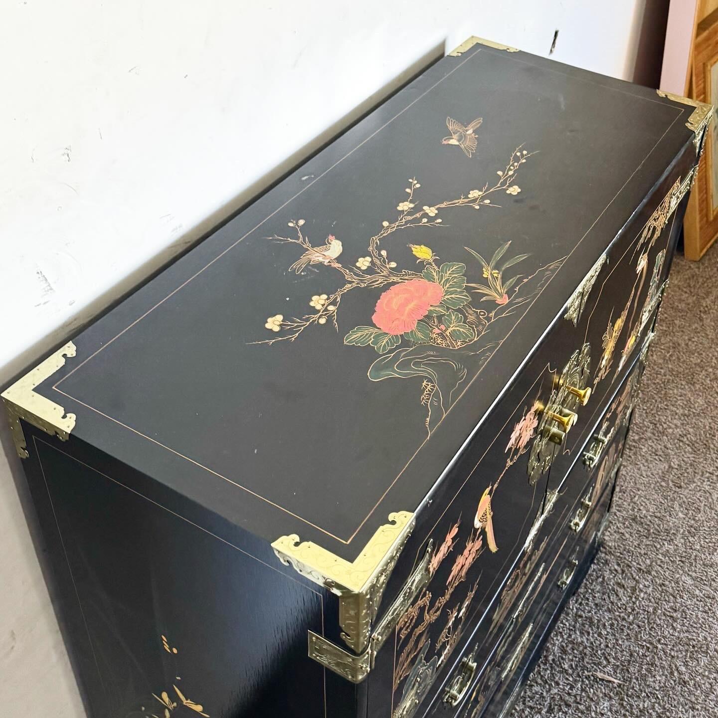 Chinese Black and Gold and Hand Painted Armoire/Chest of Drawers In Good Condition For Sale In Delray Beach, FL