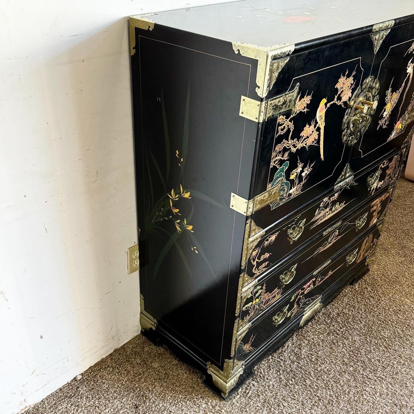 Chinese Black and Gold and Hand Painted Armoire/Chest of Drawers In Good Condition In Delray Beach, FL