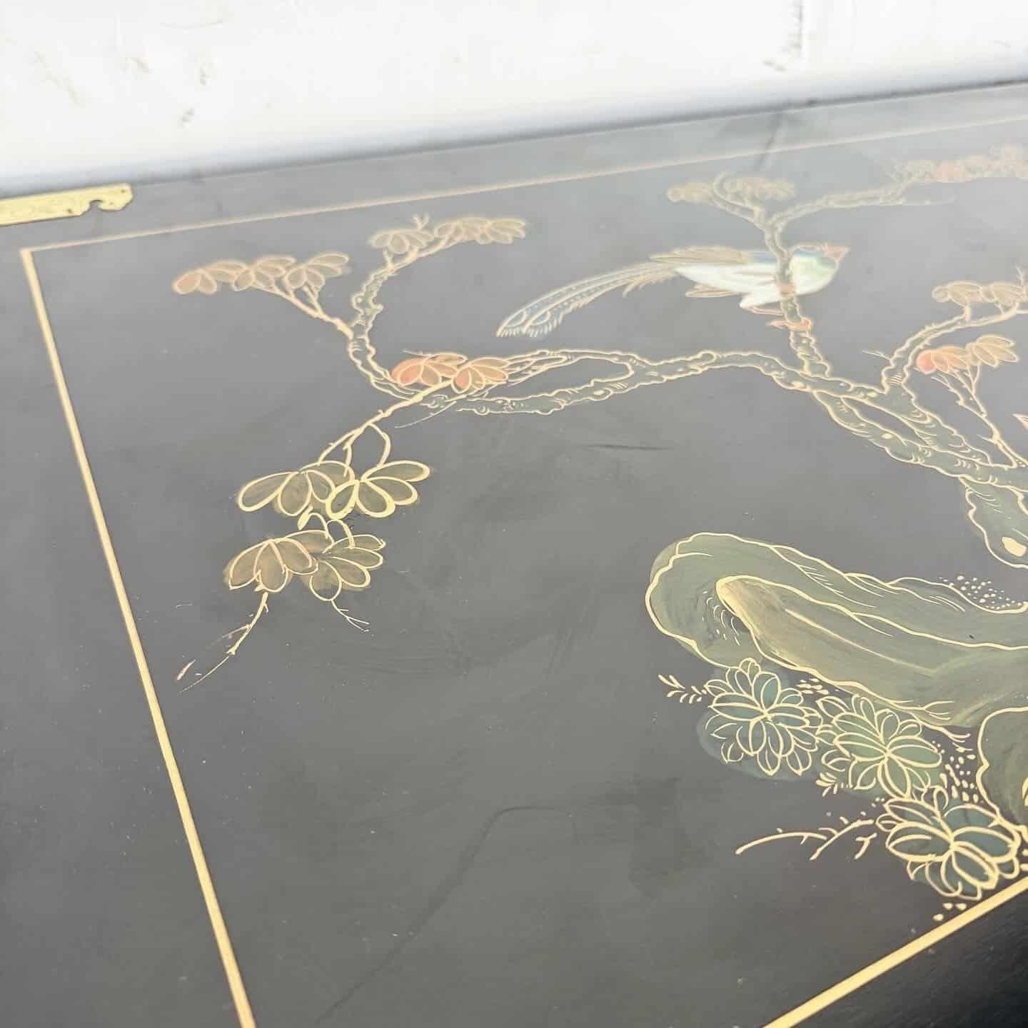 Wood Chinese Black and Gold and Hand Painted Armoire/Chest of Drawers For Sale
