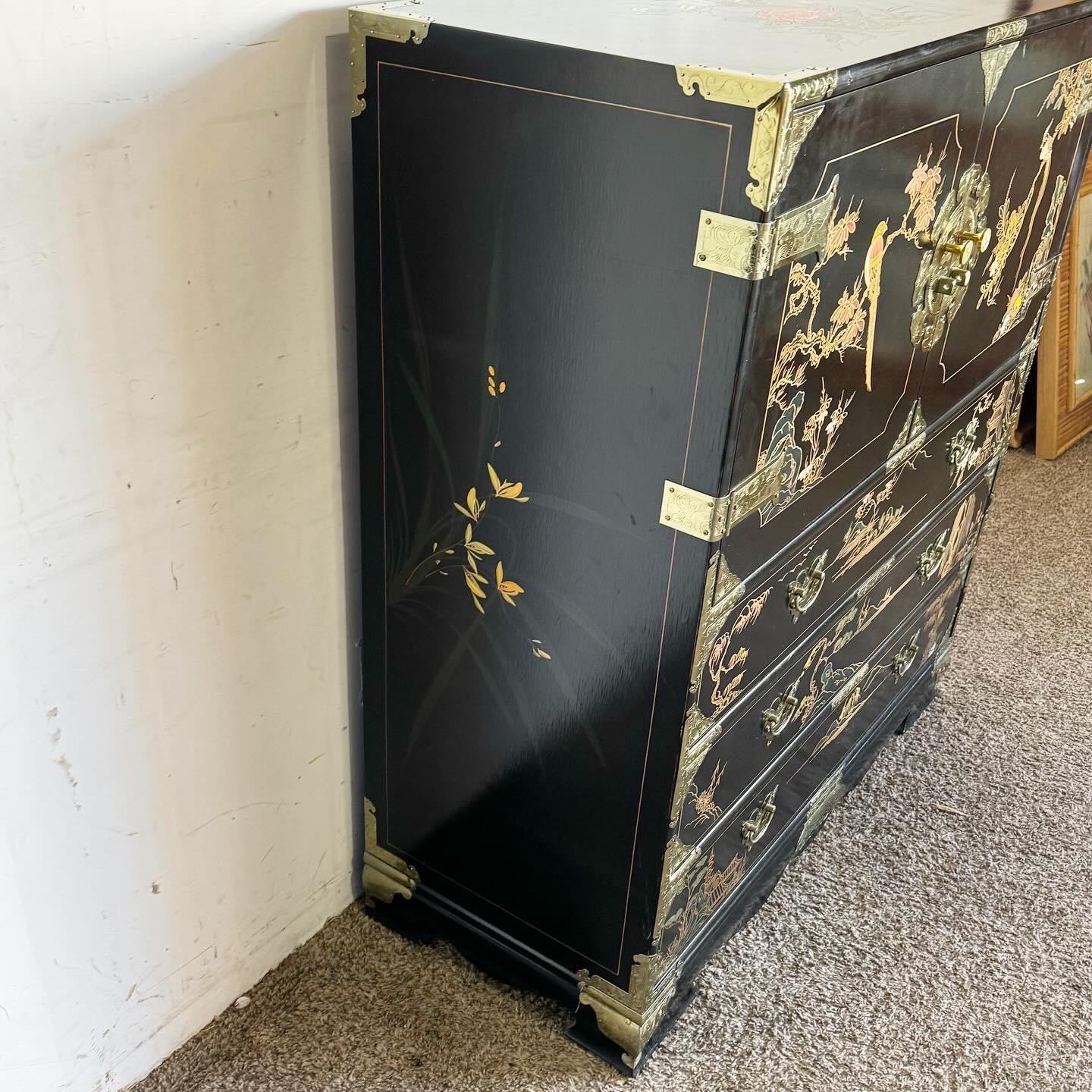 Late 20th Century Chinese Black and Gold and Hand Painted Armoire/Chest of Drawers For Sale